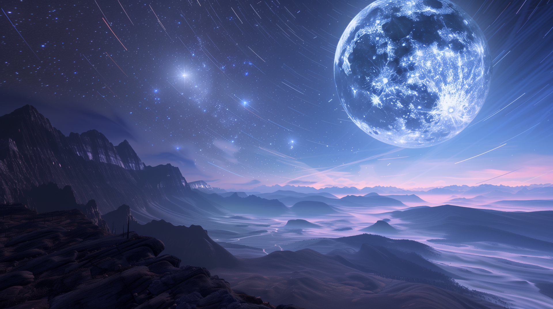 3D奇幻夜景，巨型发光蓝色满月悬于夜空，下方是层叠暗色岩石山地与雾霭山谷，天际是粉蓝渐变暮色，深紫蓝夜空布满弧形星轨与亮星。