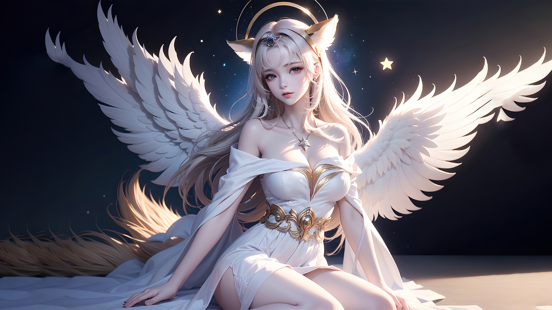 深暗夜空点缀细碎星点，浅灰色地面上站着一位带金色光环、生有白色羽翼的浅长发二次元少女，她佩戴金色兽耳、蓝宝石额饰与星形吊坠项链。