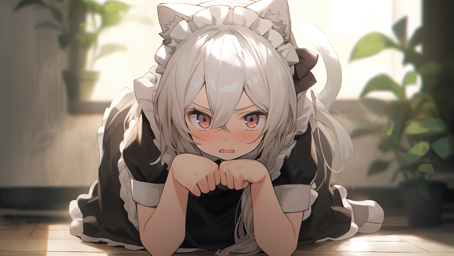 二次元银发猫耳少女，身着黑白女仆装，搭配白色猫尾，趴伏在窗边暖木地板上，暖调柔光漫洒空间，背景为虚化的绿植盆栽。