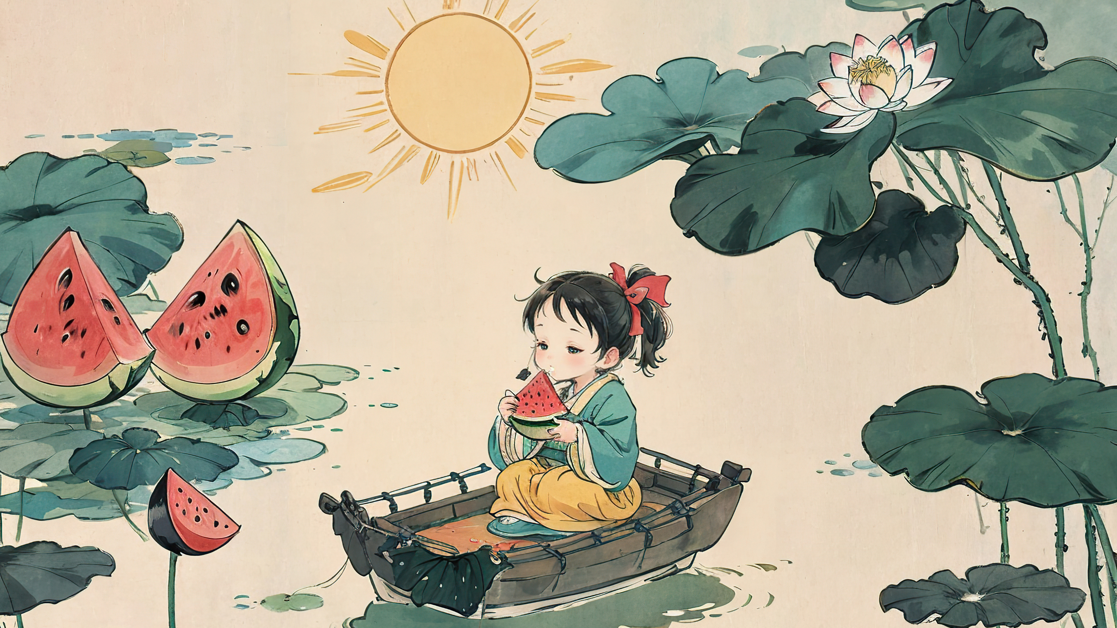 小女孩，吃瓜，荷塘