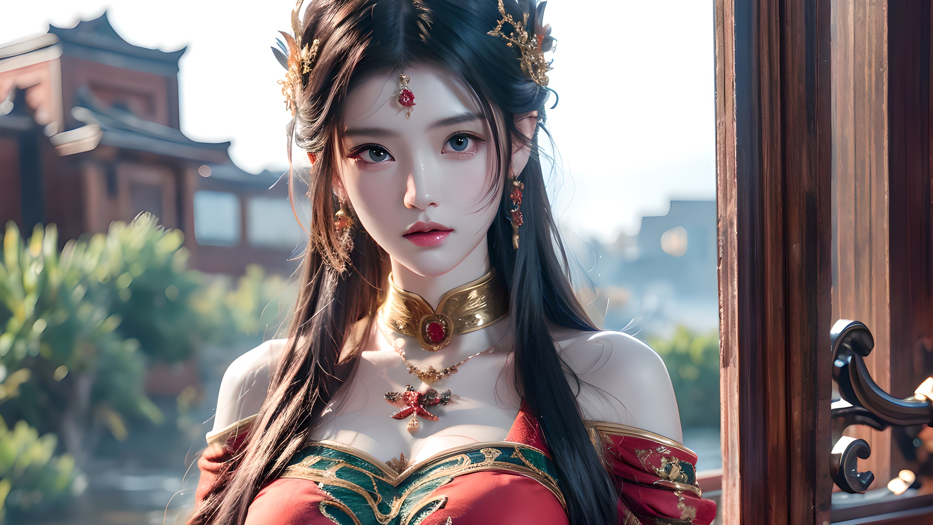 古风妆造年轻女性近景，金饰红宝额饰配红绿金绣露肩服饰，窗边背景虚化