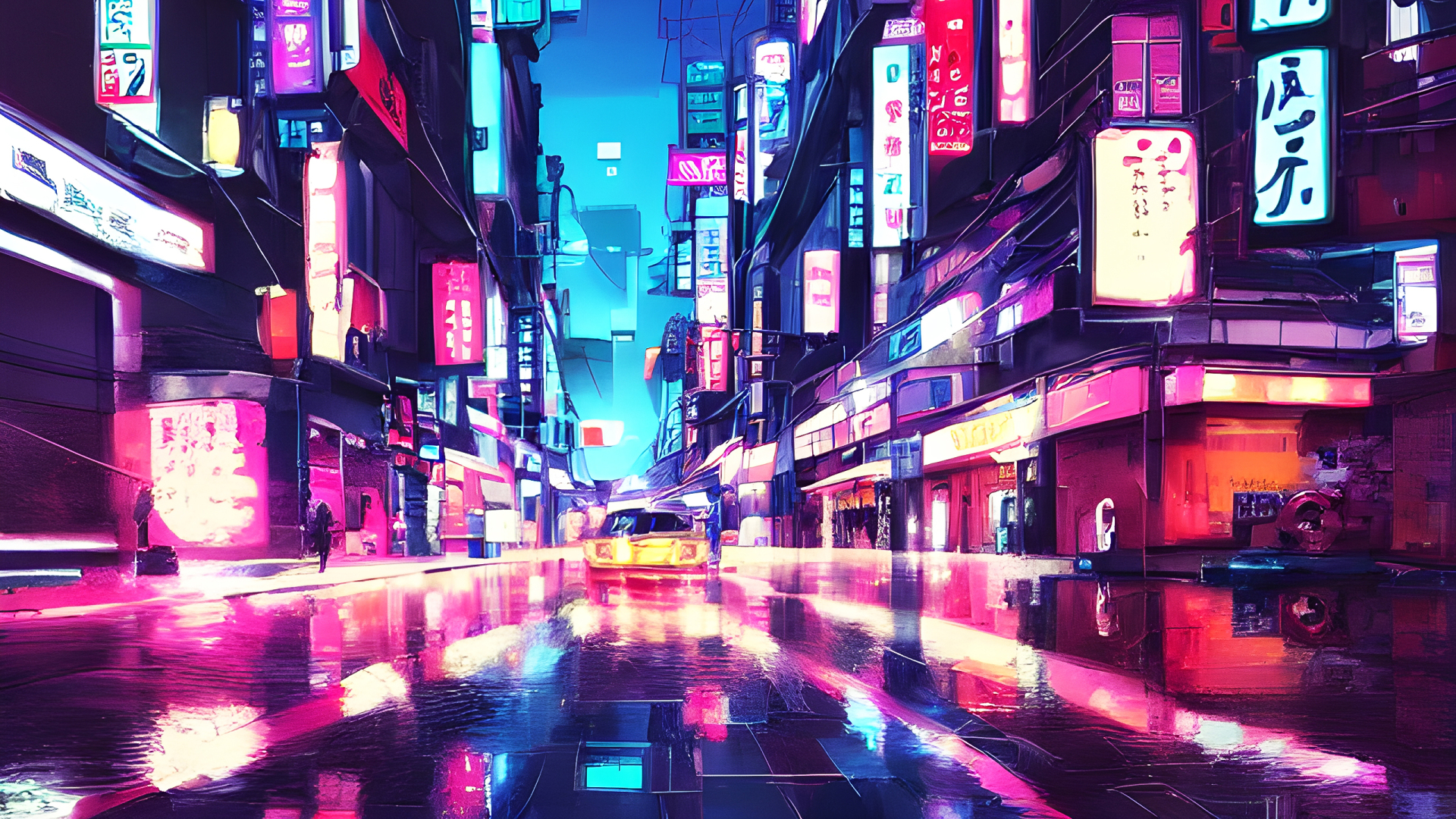 雨夜城市街道两侧布满彩色霓虹招牌，路面湿滑反光，中央有亮灯车辆。
