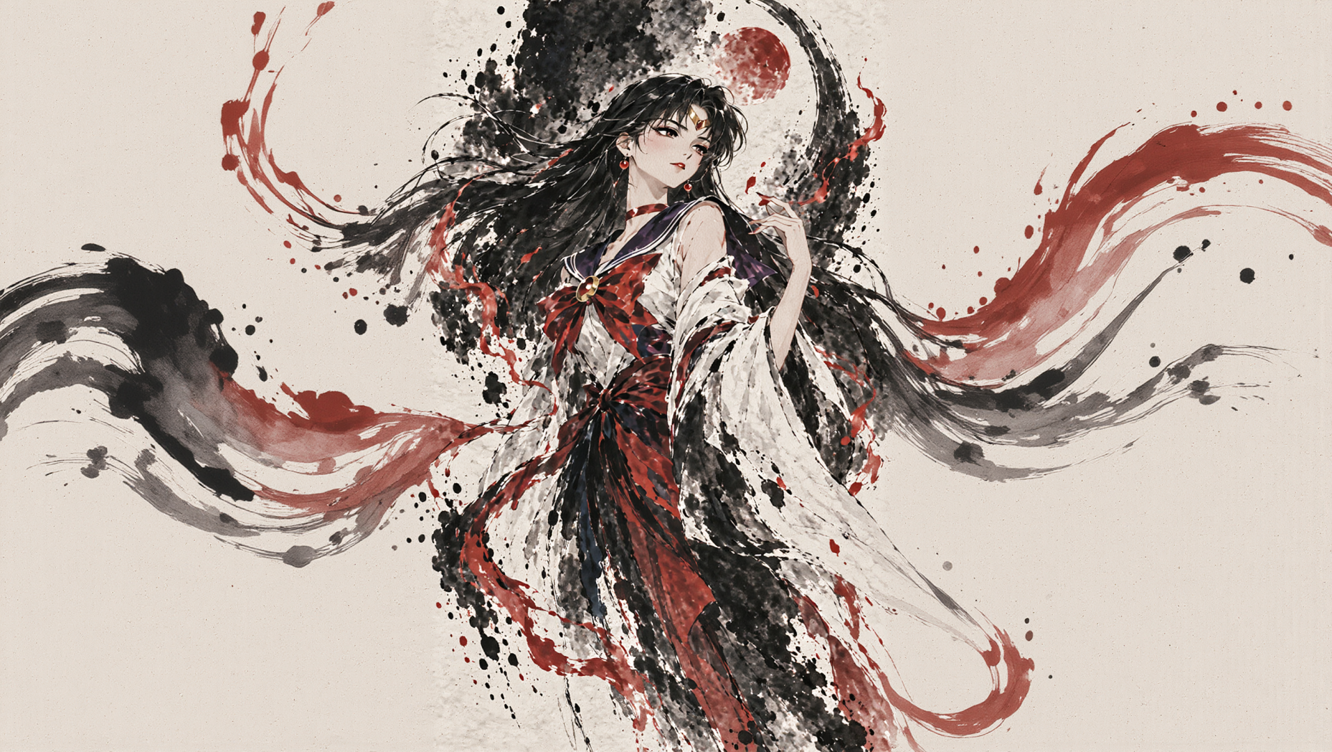 水墨画风的黑发红衣少女，四周环绕黑红泼墨笔触，背景是浅米色宣纸底色。