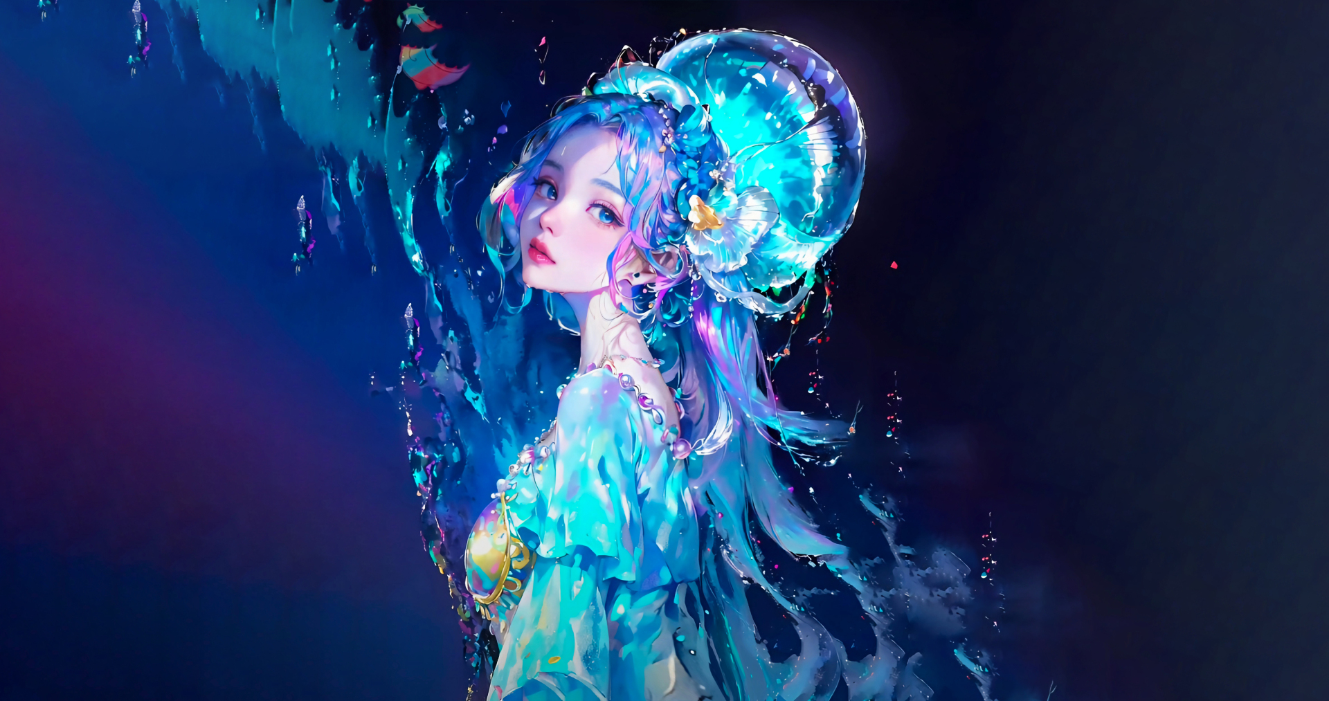 蓝紫渐变长发少女佩戴发光青蓝水母头饰，身处暗调深海空间中。