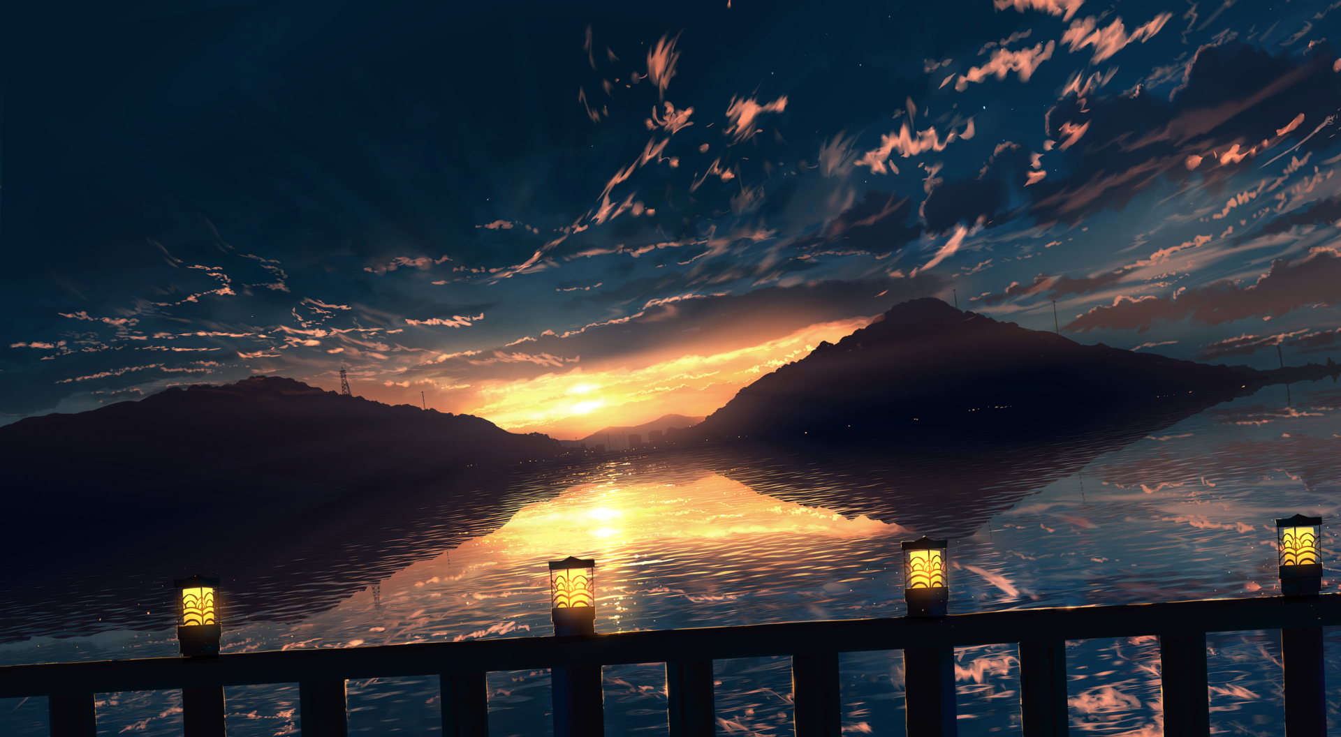 二次元插画湖边黄昏场景，深蓝色天空，水平线橙黄落日，两侧深色山体剪影，湖面铺展落日反光带，护栏上排列四盏暖黄提灯。