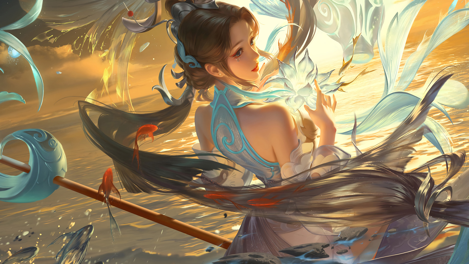 黄昏金橙海面旁，盘发古风少女侧转身，指尖轻触半透白莲，红金鱼穿梭飘发与水浪间