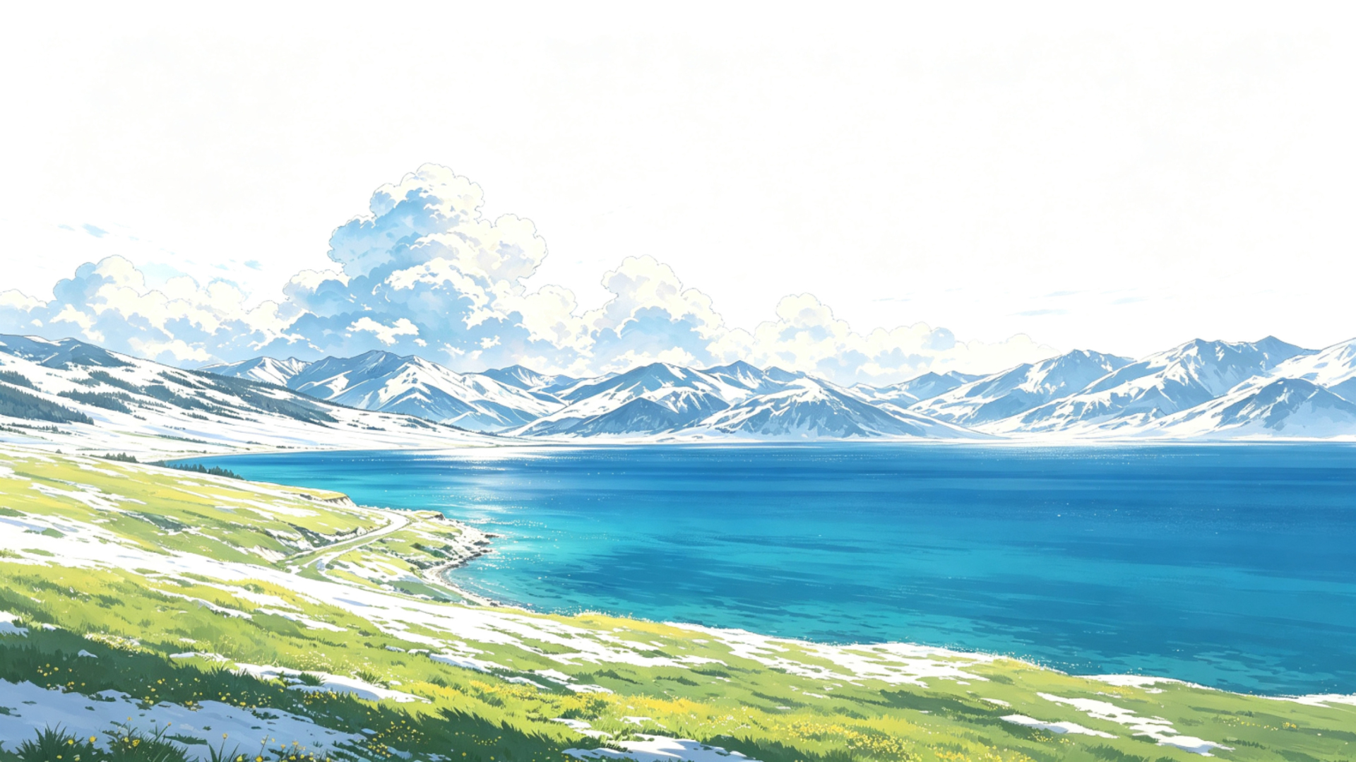 手绘清新高原春湖雪山风景，残雪草甸衔接蓝绿湖水与连绵雪山。