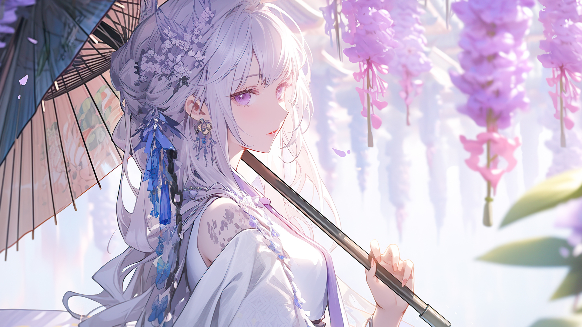 紫发狐耳少女身着白衣撑油纸伞，身旁垂挂淡紫紫藤花