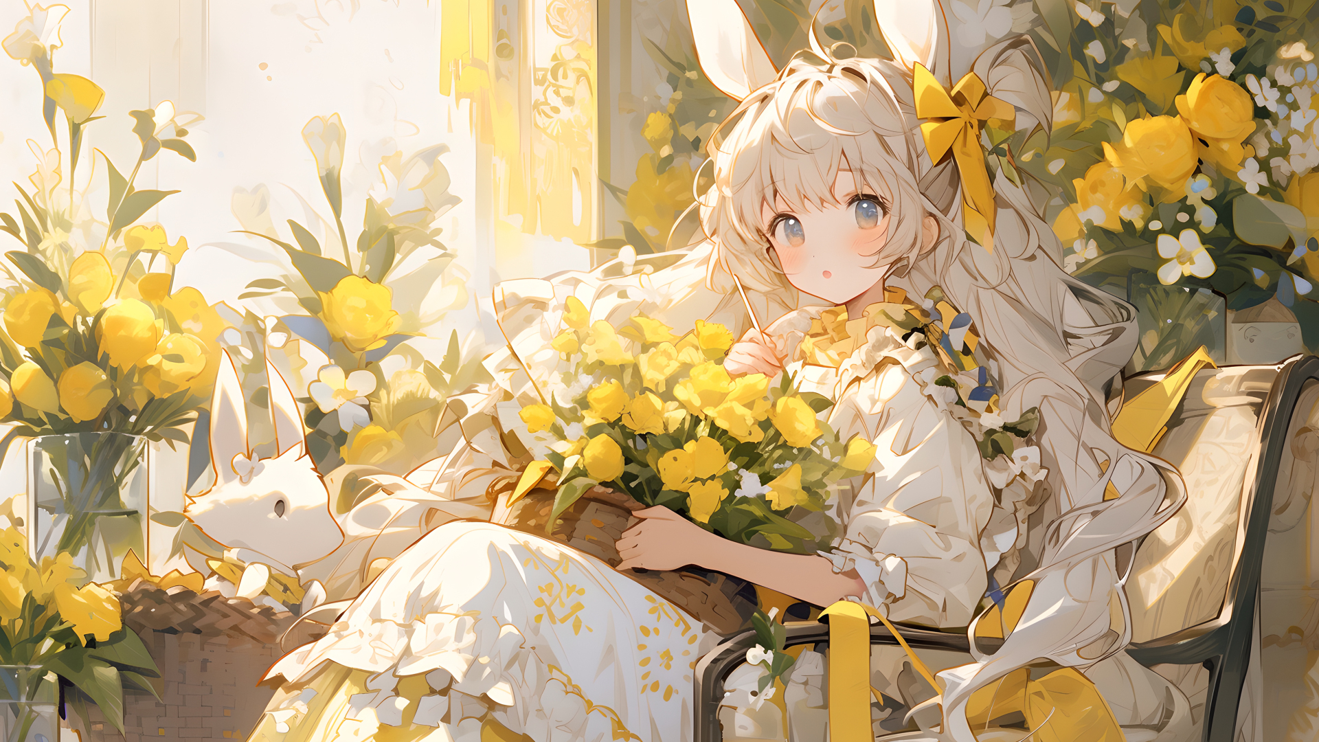 怀抱明黄色花束的少女身处暖黄柔光的室内花艺场景