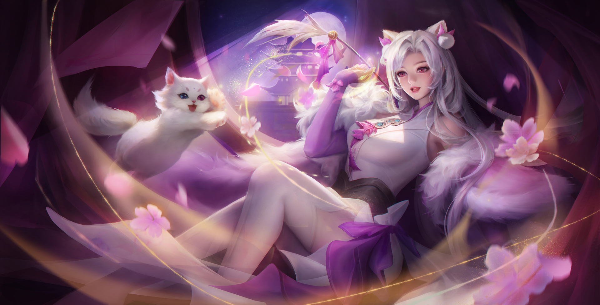 紫调梦幻月夜场景，银发猫耳少女与伸爪异瞳白猫，飘着粉花与金色流光