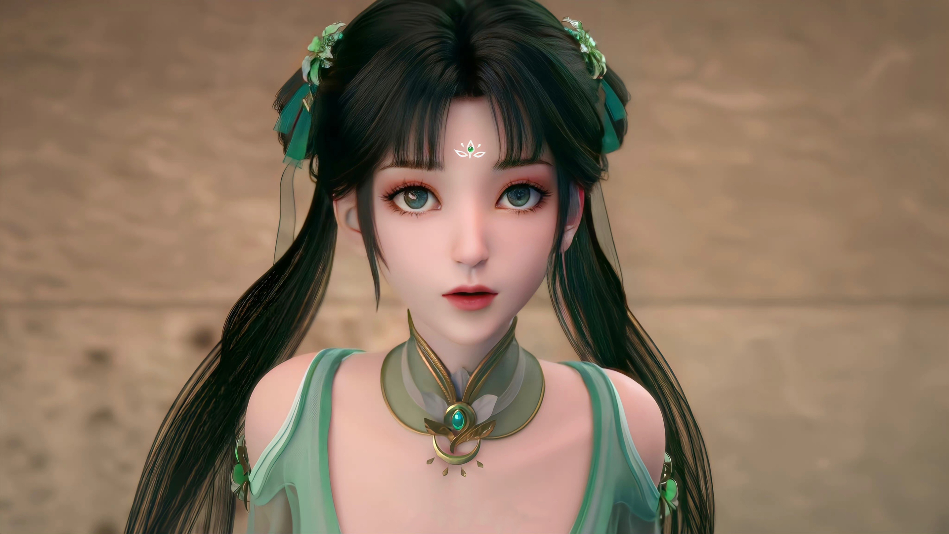 露肩绿衣古风少女近景，发饰与额间莲花纹样清晰