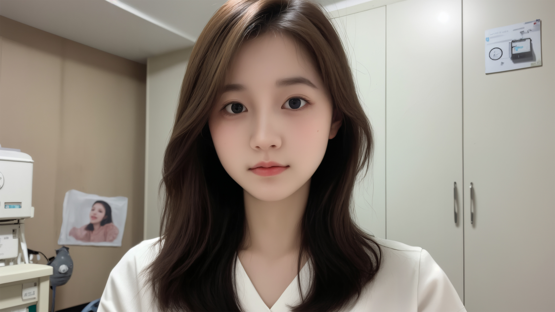 深棕长卷发女生穿白色V领上衣，在室内空间中正视镜头，背景可见办公柜与墙面海报。