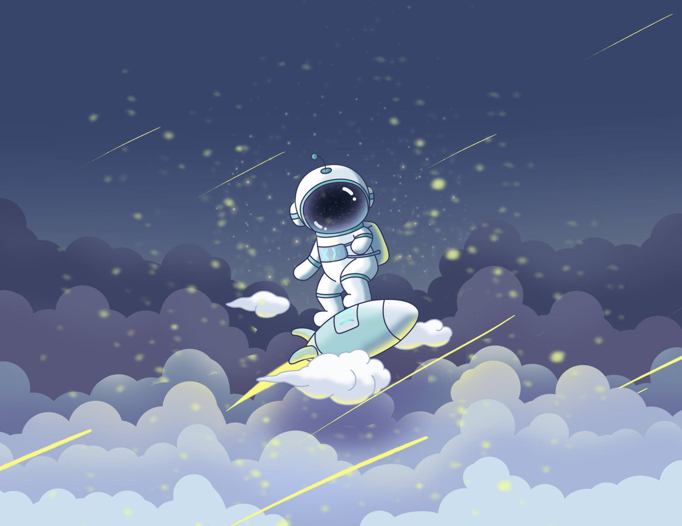 Q版宇航员站在火箭造型滑板上，穿行在渐变云海与深蓝星空间。