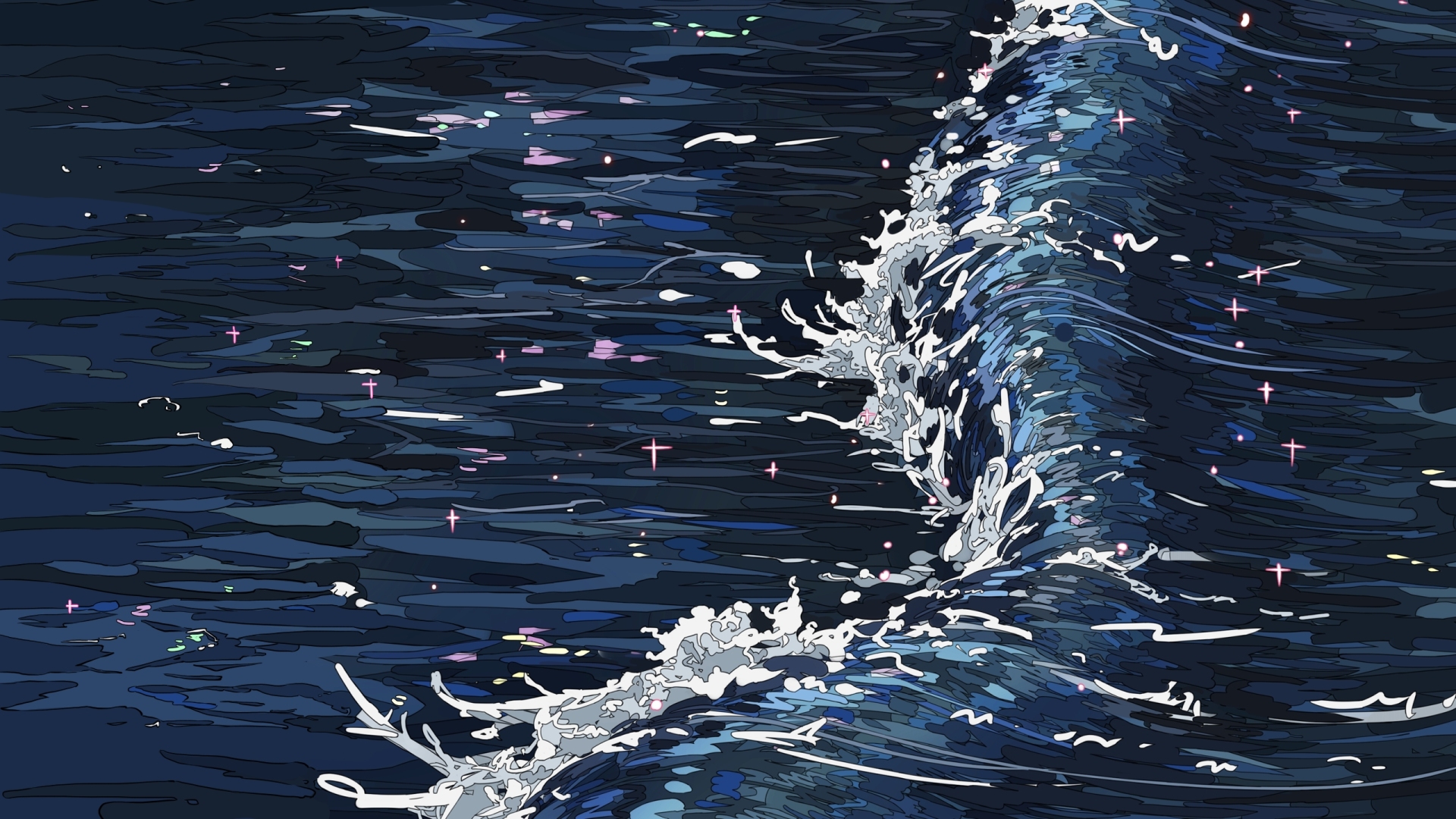 二次元插画风格的夜景深蓝色海面，两处翻起白色浪涛，水面散落粉色十字形光点与淡紫、浅绿色细碎色块。
