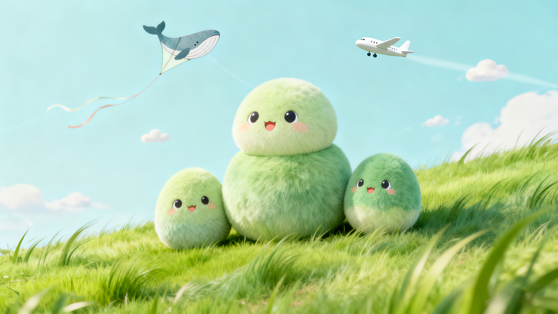 淡蓝色晴空下三个带粉腮红的白色拟人绿毛绒团子站在青绿色草坡上，空中飘着鲸鱼造型风筝，远处有卡通白色小飞机飞过。