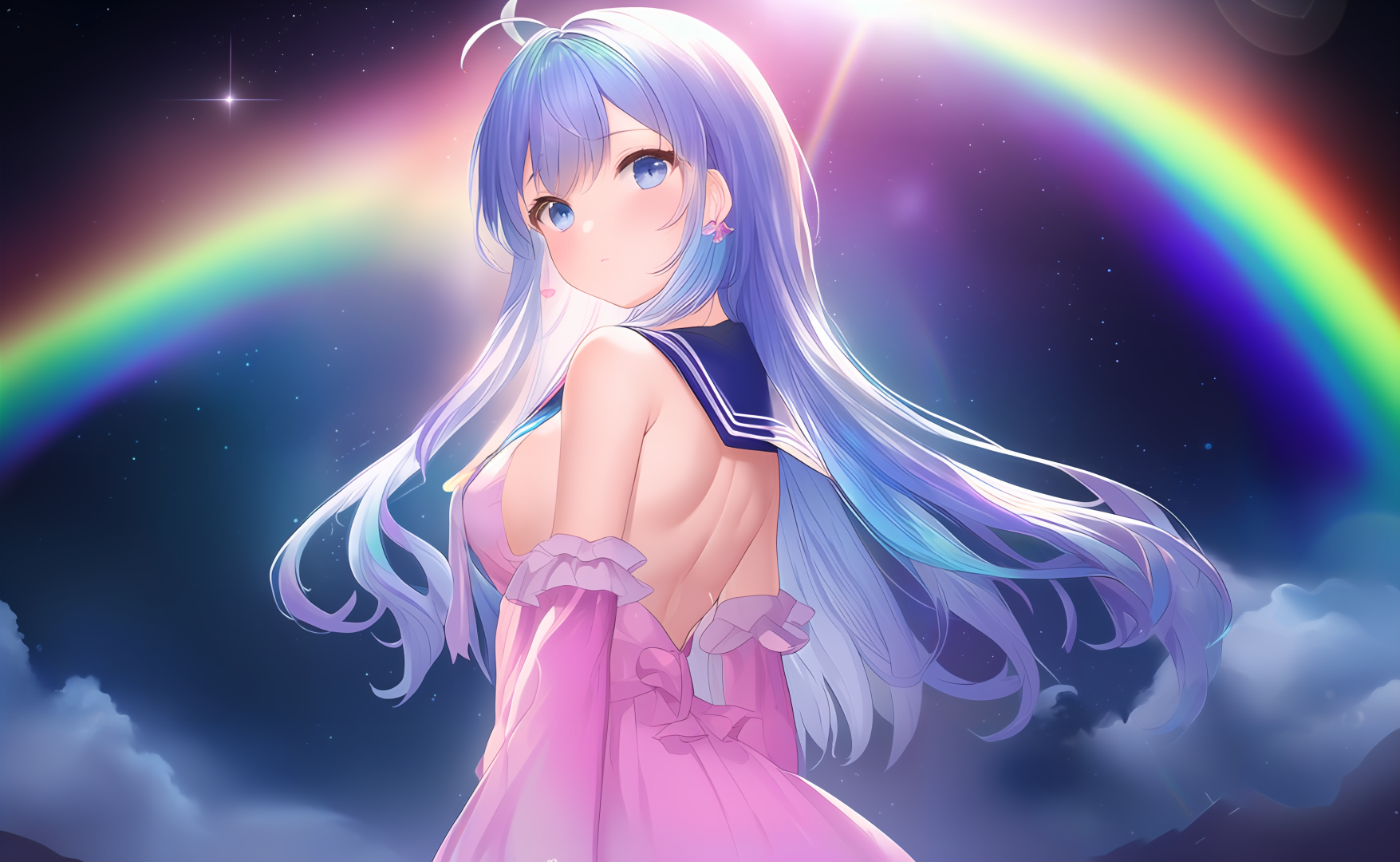蓝紫渐变长发的二次元少女回眸望来，身后横跨彩虹，背景是缀满星点的暗空。