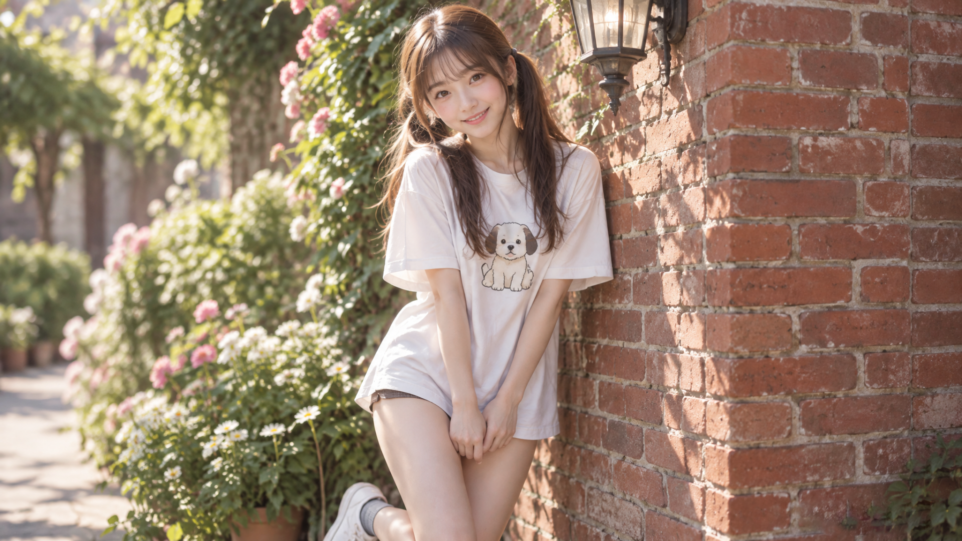 双马尾女生穿印小狗白T恤倚红砖花墙，周围花簇盛放光影柔和