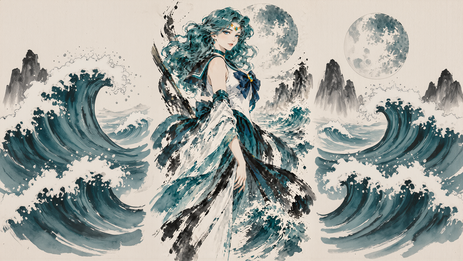 青卷发少女站在水墨风海浪之间，背景有双月与淡墨远山，纸面带宣纸纹理。
