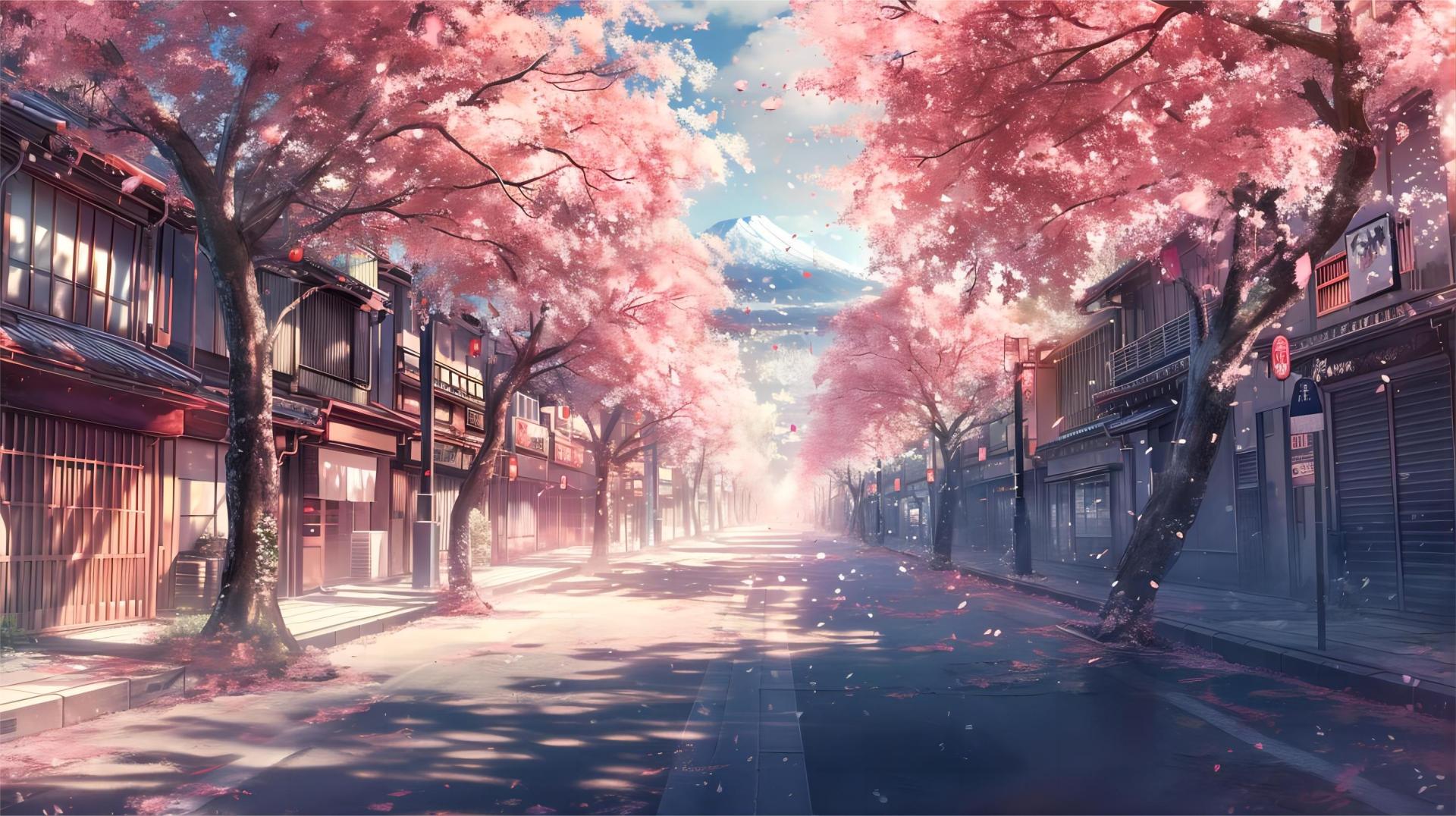 日系二次元插画，暖金色天光下道路两侧成排盛开粉樱，路面散落樱花瓣，远处露出覆雪的富士山。