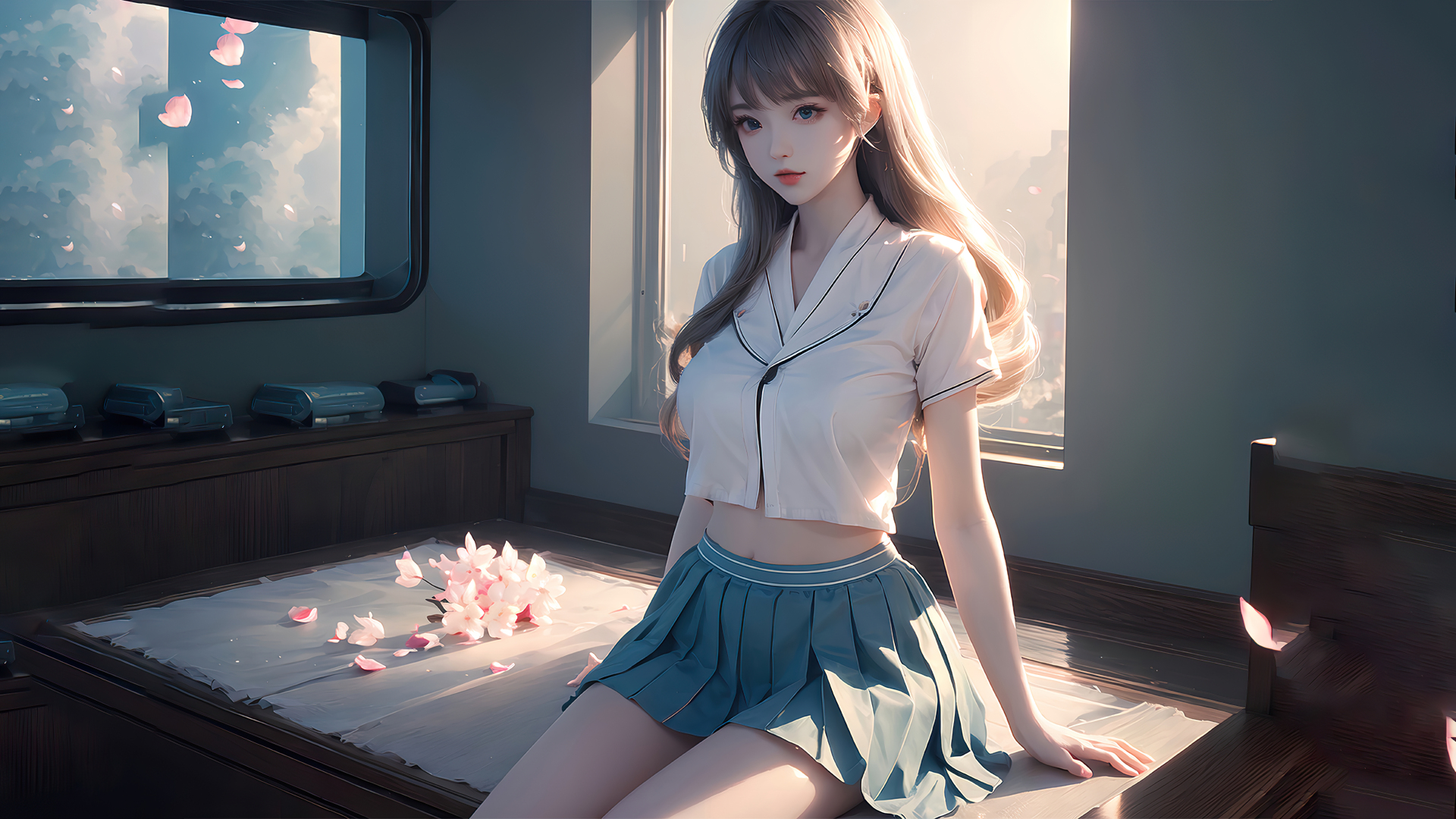 长发动漫少女穿白水手服蓝百褶裙，坐窗边软垫，周边散落樱花花瓣。