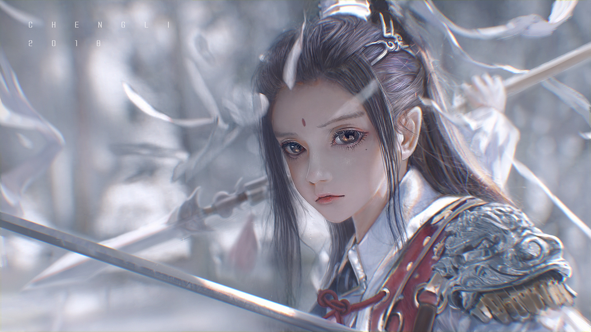 额间红印的古风高束发少女，身着银纹肩甲白衣持剑立于雾中，画面带有色散质感。