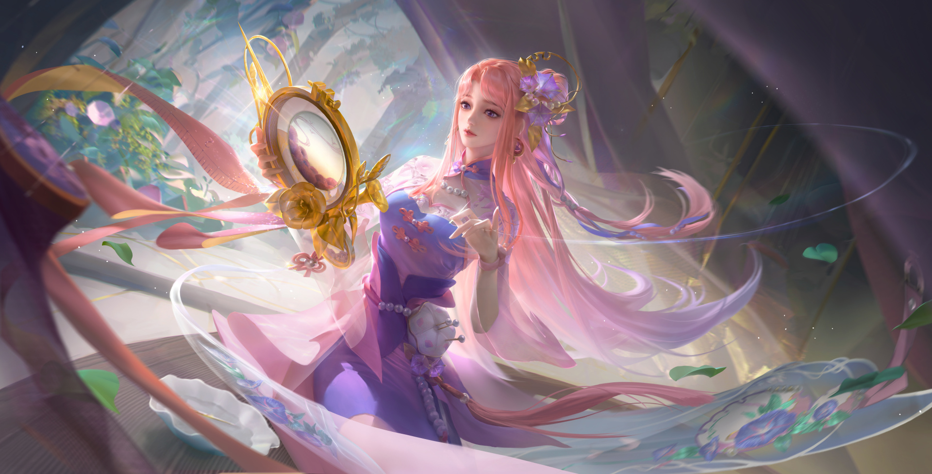 粉发少女身着紫粉国风衣裙，手持镶金雕花花边圆镜，长发与半透明飘带随风轻扬，背景朦胧。