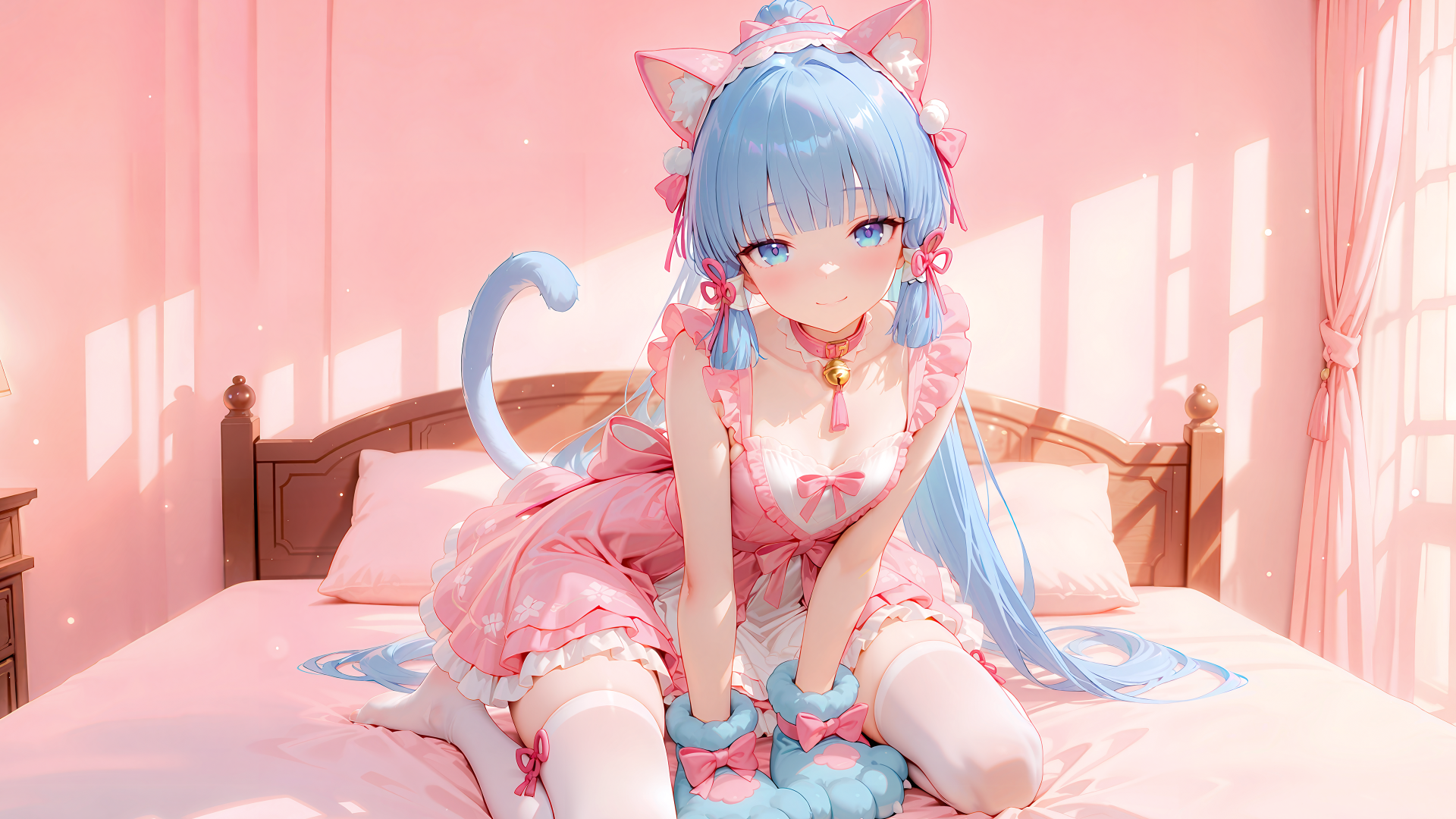 二次元萌系插画，神里绫华头戴粉色猫耳，身后垂着浅蓝色猫尾，身着带白蕾丝的粉色女仆装搭配白丝袜，坐在粉色调温馨卧室的床榻上。