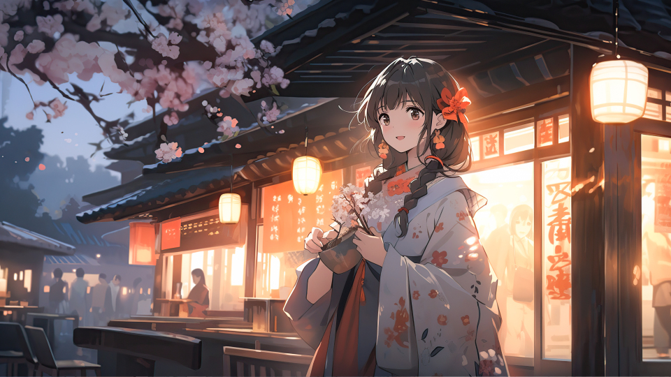 夜晚灯光前少女