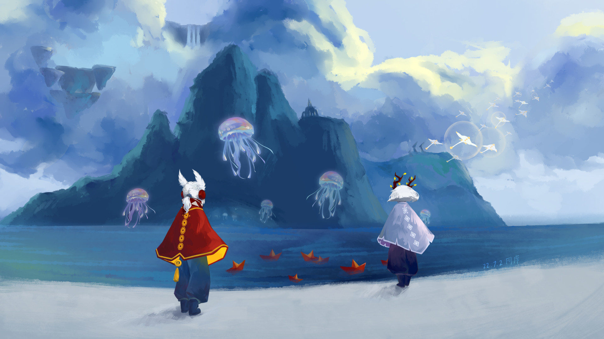 蓝调梦幻海岸插画，两名斗篷装束人物背向望向远方山海，半空飘浮幻彩水母。