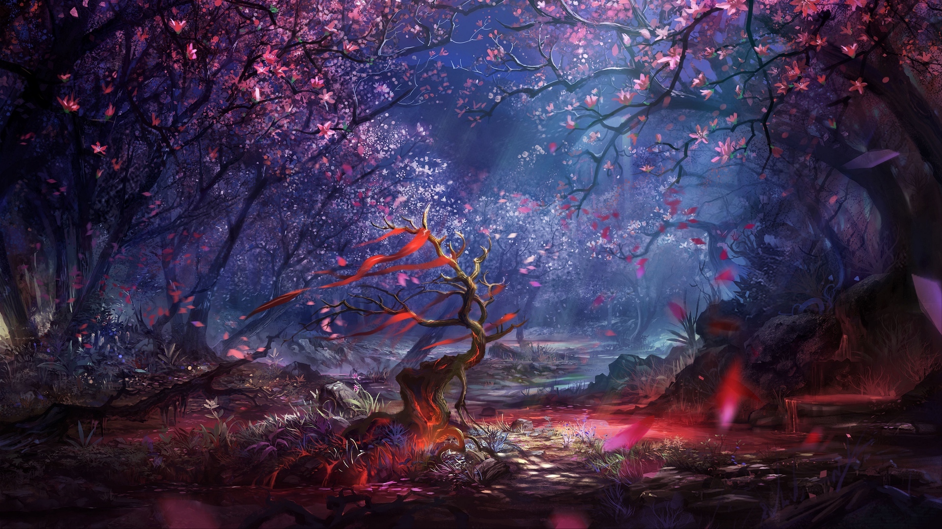 紫雾奇幻花林插画 中央立着红纹扭曲怪树