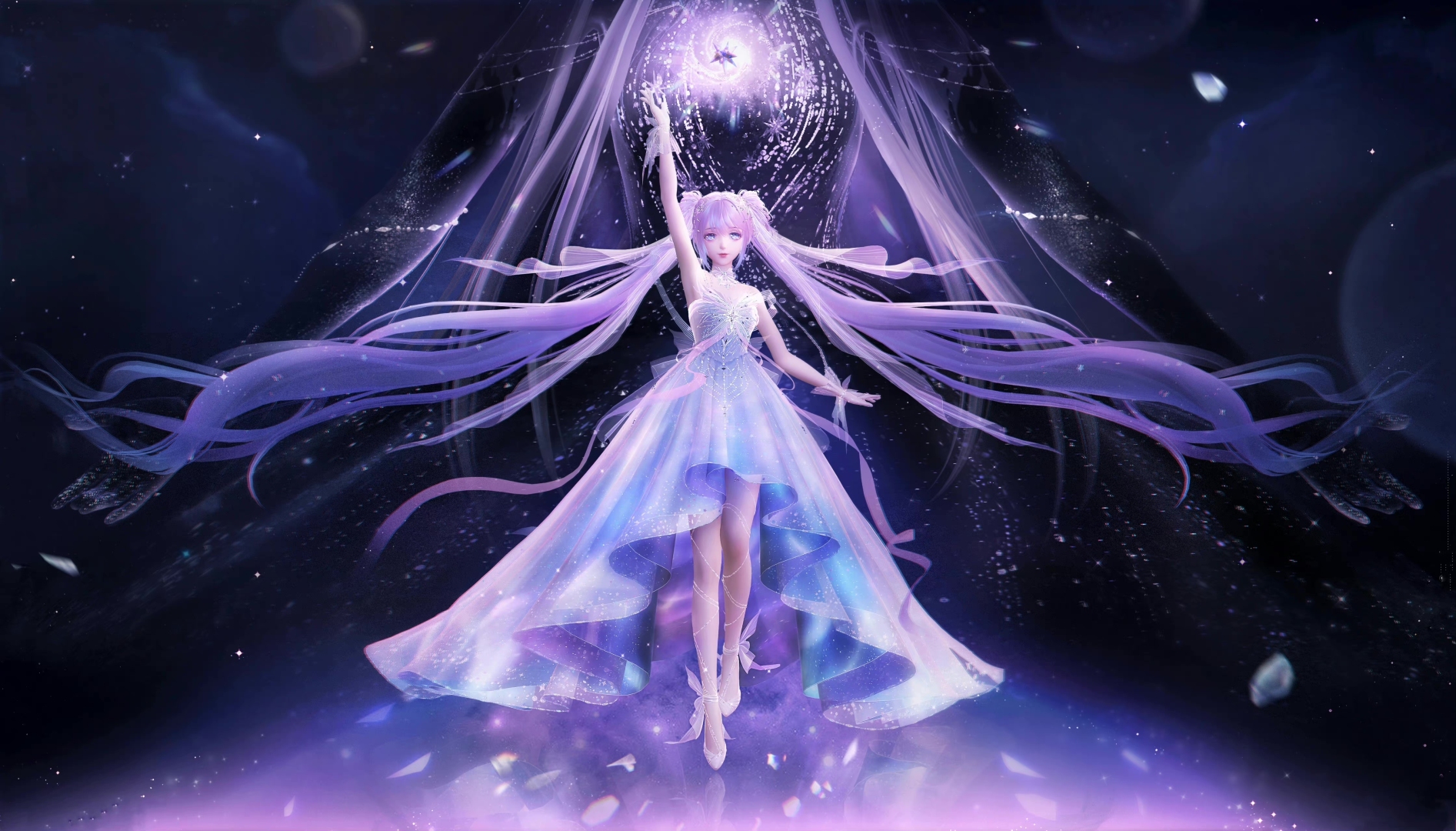 二次元少女抬臂触碰发光星芒，周身环绕紫蓝渐变半透明丝带，身处梦幻紫调星空场景。