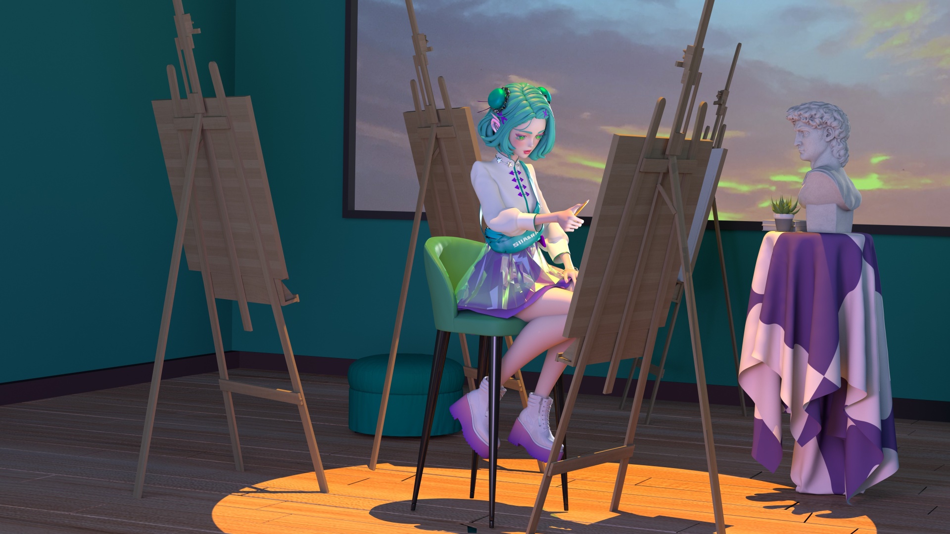 3D画室场景内绿发少女坐于绿色高脚椅前作画，旁侧摆放多个木质空画架，右侧台面上有石膏雕塑与小盆栽。