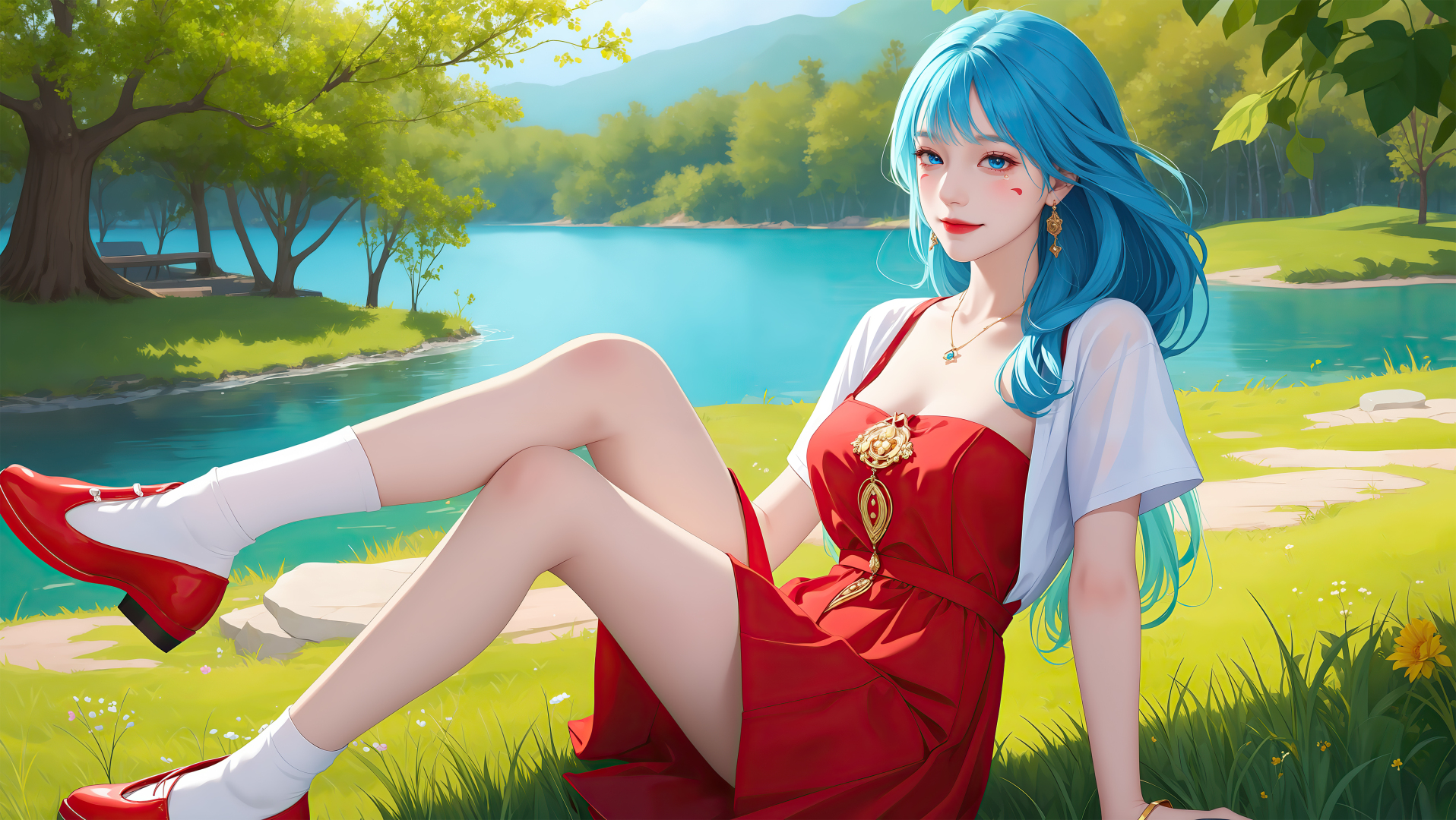 蓝发红裙少女坐在湖畔草地上，身后是青蓝色湖水与葱郁林木。