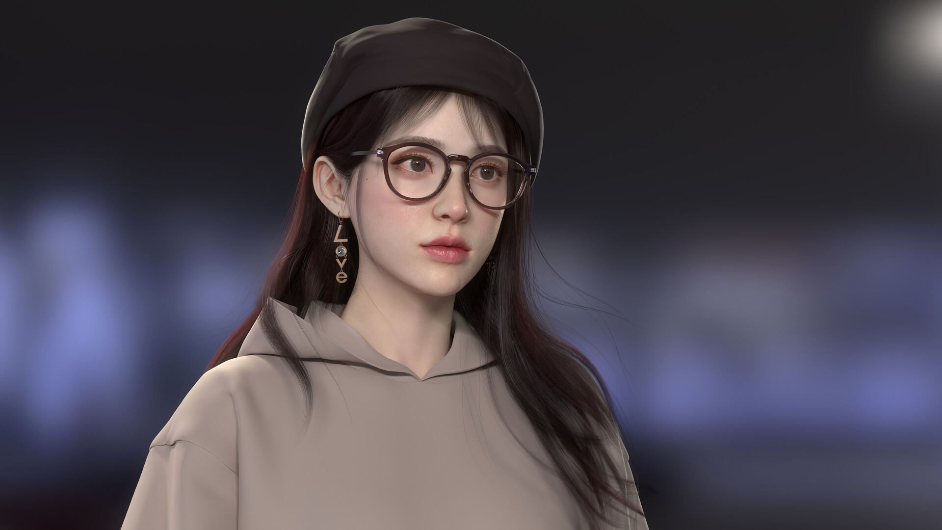 佩戴黑贝雷帽与棕框眼镜的女性3D人像，身着浅米色连帽卫衣，背景为暗调虚化场景