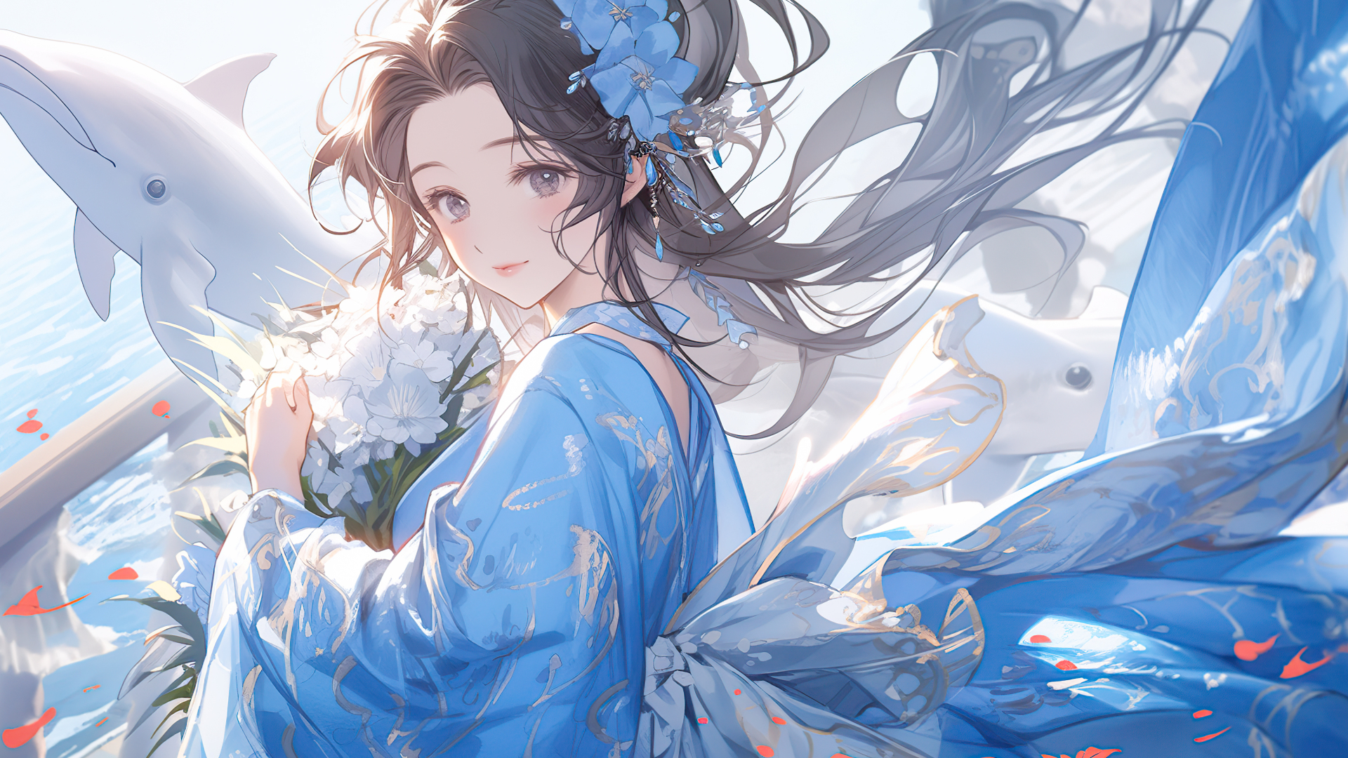 浅蓝色唯美插画，蓝衣长发少女手持白花束，身旁浮着两只白海豚，背景是澄澈海景。