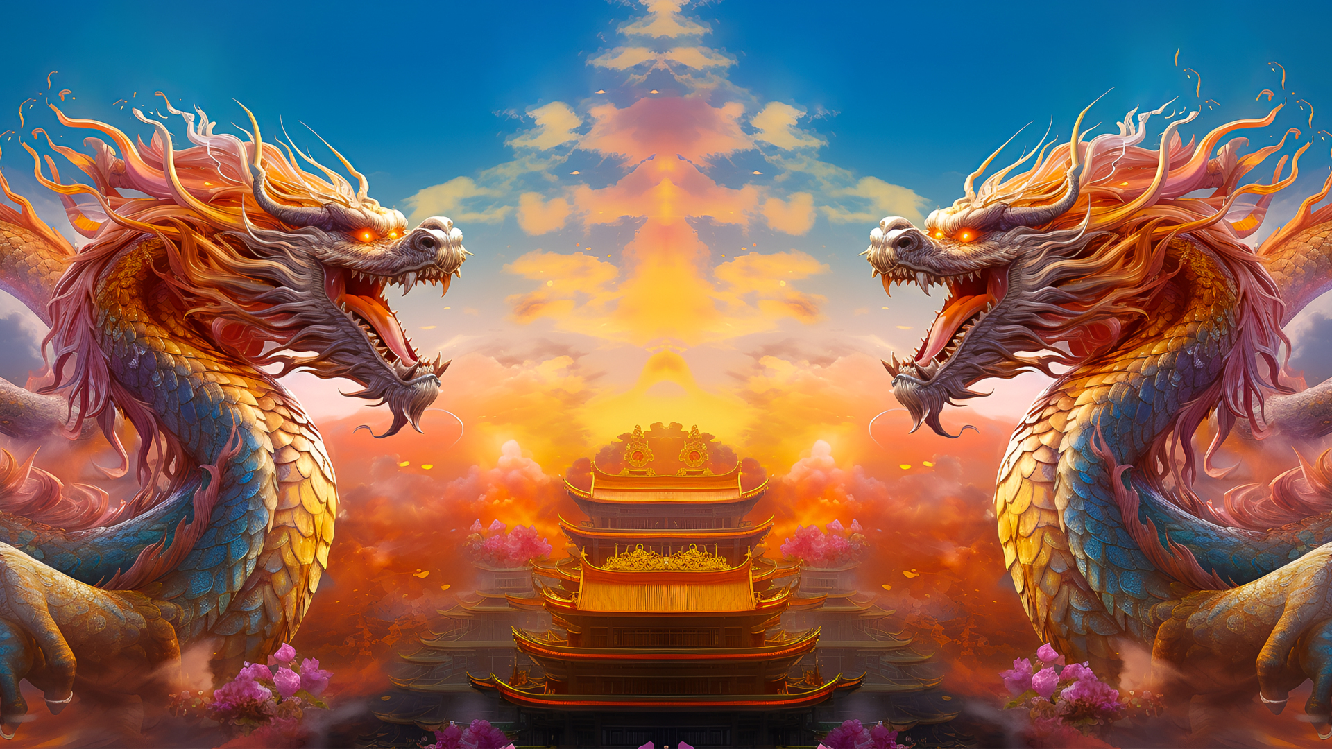 双东方神龙对称朝向画面中心，下方是多层飞檐的中式古典宫殿建筑群，背景为橙红青蓝紫粉交织的云海朝霞。