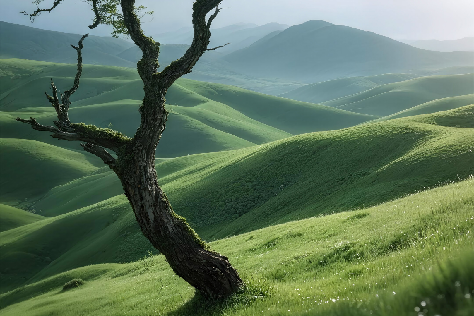 青绿色调写实草原风景，左侧立着覆薄苔藓的枯老树，背景是连绵缓坡草甸，远处层叠山峦蒙着轻薄雾霭
