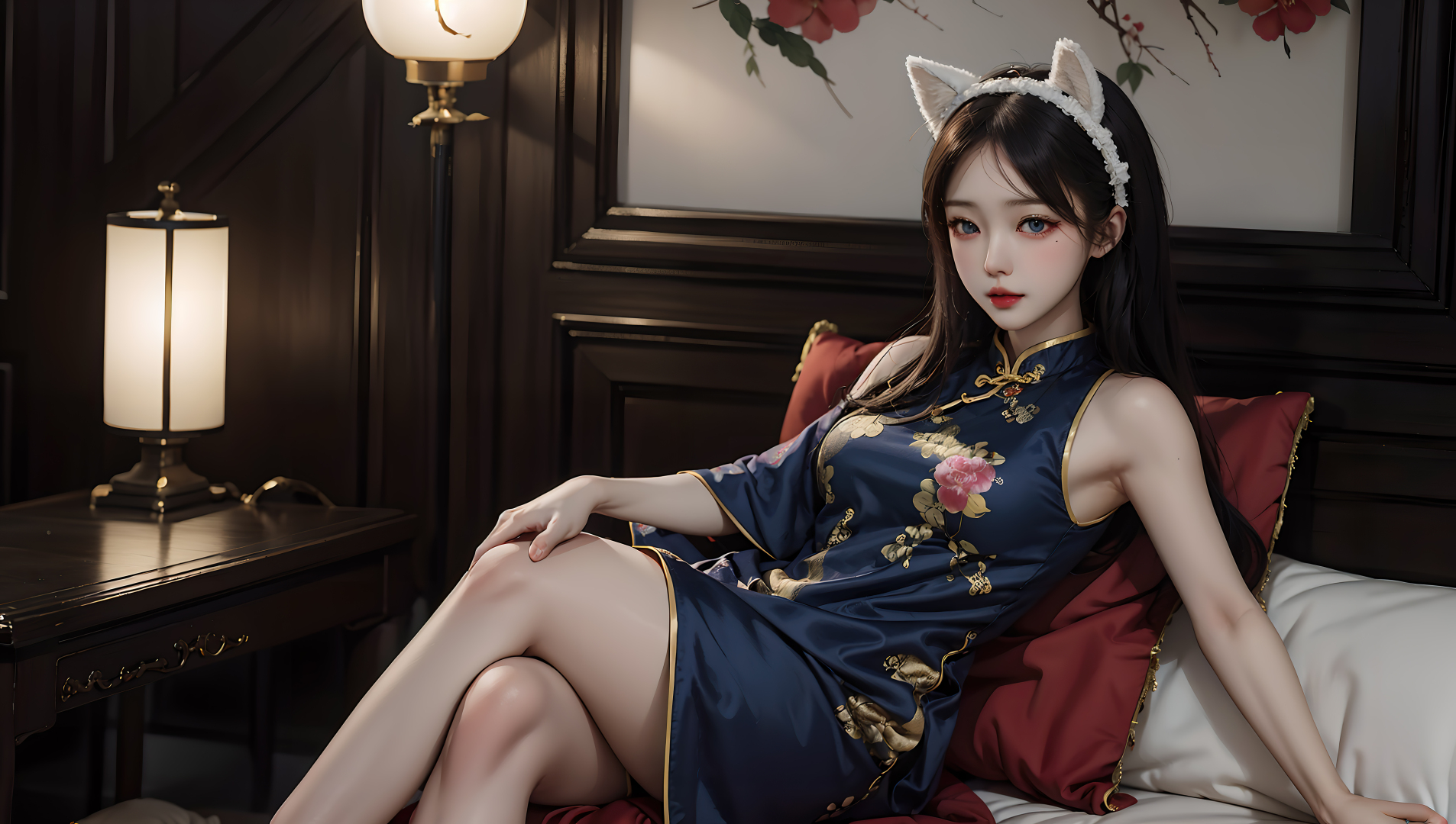室内场景中，佩戴白色毛绒猫耳发箍的年轻女子身穿带金色镶边与粉金花卉刺绣的藏青色无袖旗袍，背景可见深色木质家具，桌面摆放点亮的米白灯罩黄铜底座台灯，暖黄色光线笼罩整体空间。