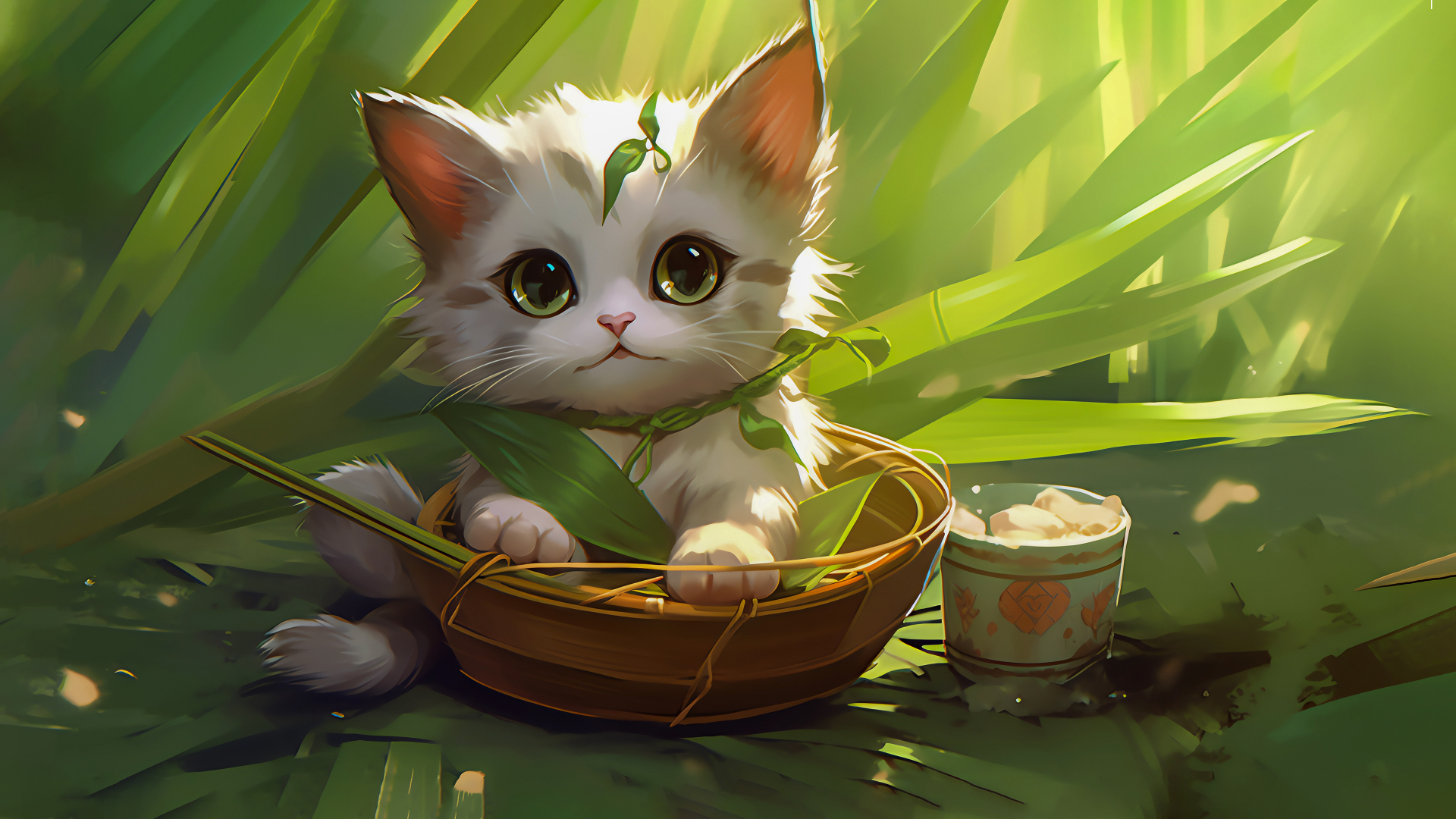 白棕相间的蓬松小猫蜷在竹篮中，周围环绕着翠绿竹叶与暖金色光线。