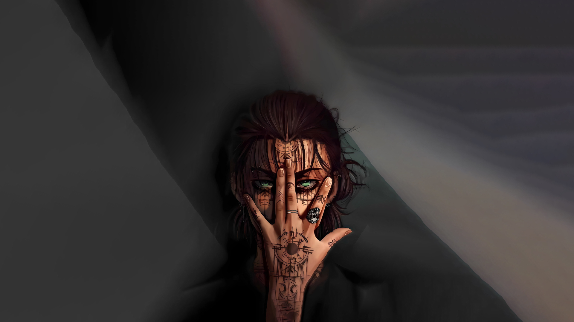 暗调插画里的纹身绿瞳男子，抬手遮挡住大半张脸，背景是朦胧深灰织物