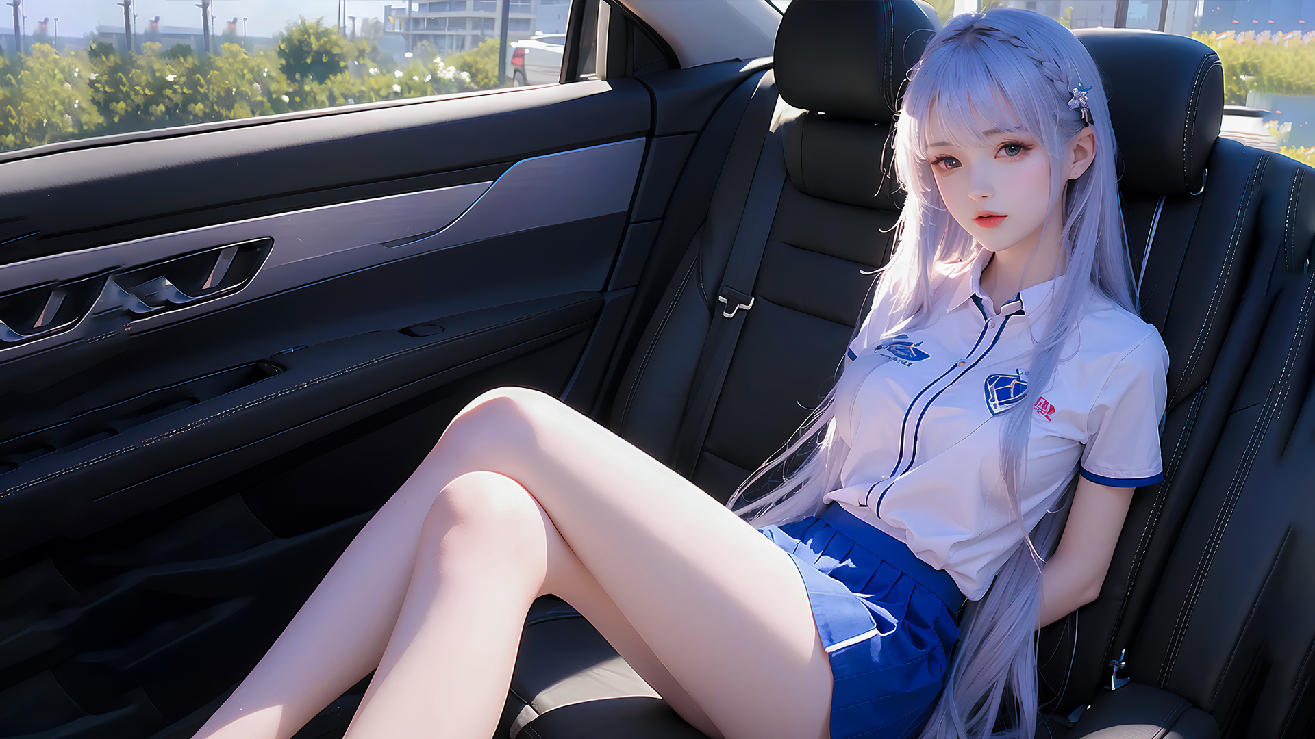 蓝发制服少女斜靠在汽车黑色真皮后座，望向镜头，窗外透出绿植街景。