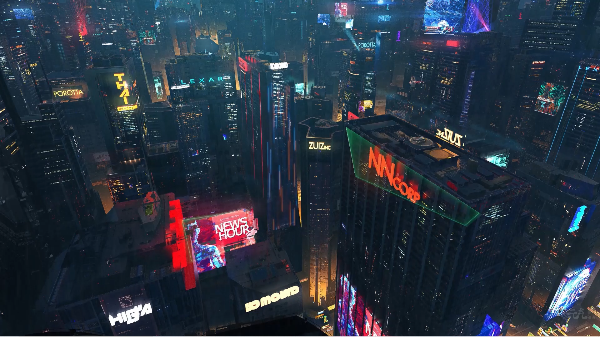 霓虹铺满夜色的赛博都市高空俯瞰景观