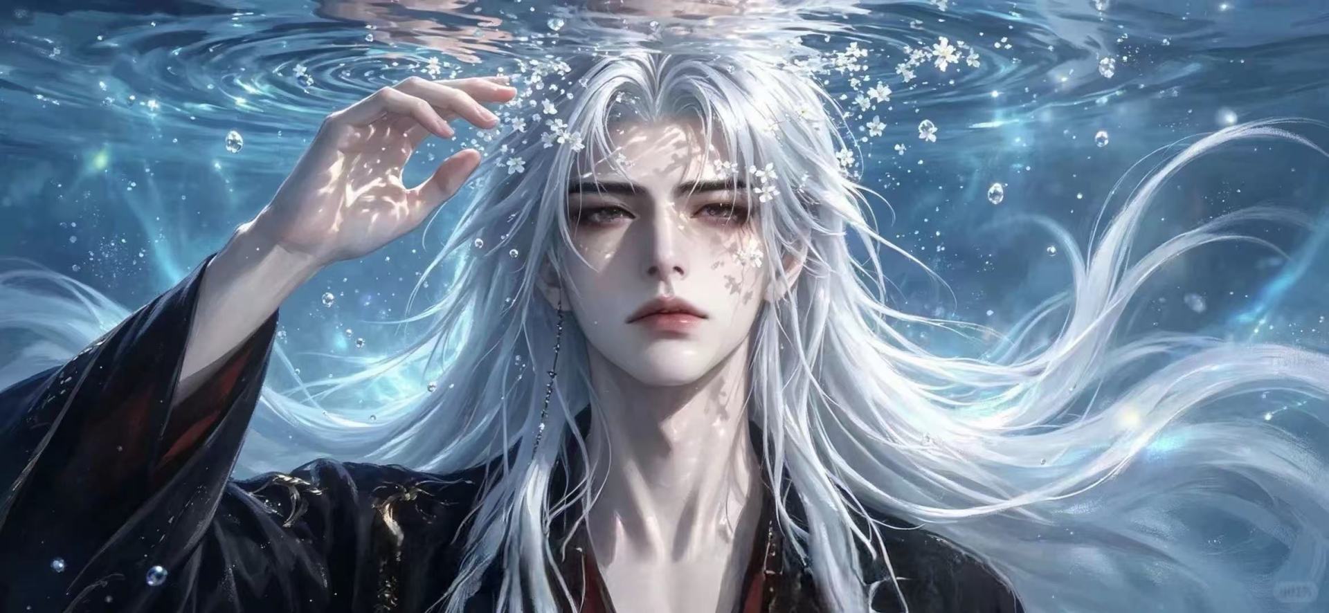 银白长发的古风男子身处水中，手臂抬起靠近水面，长发在水流里向两侧大幅飘展，周围散落白色小花与透明气泡。