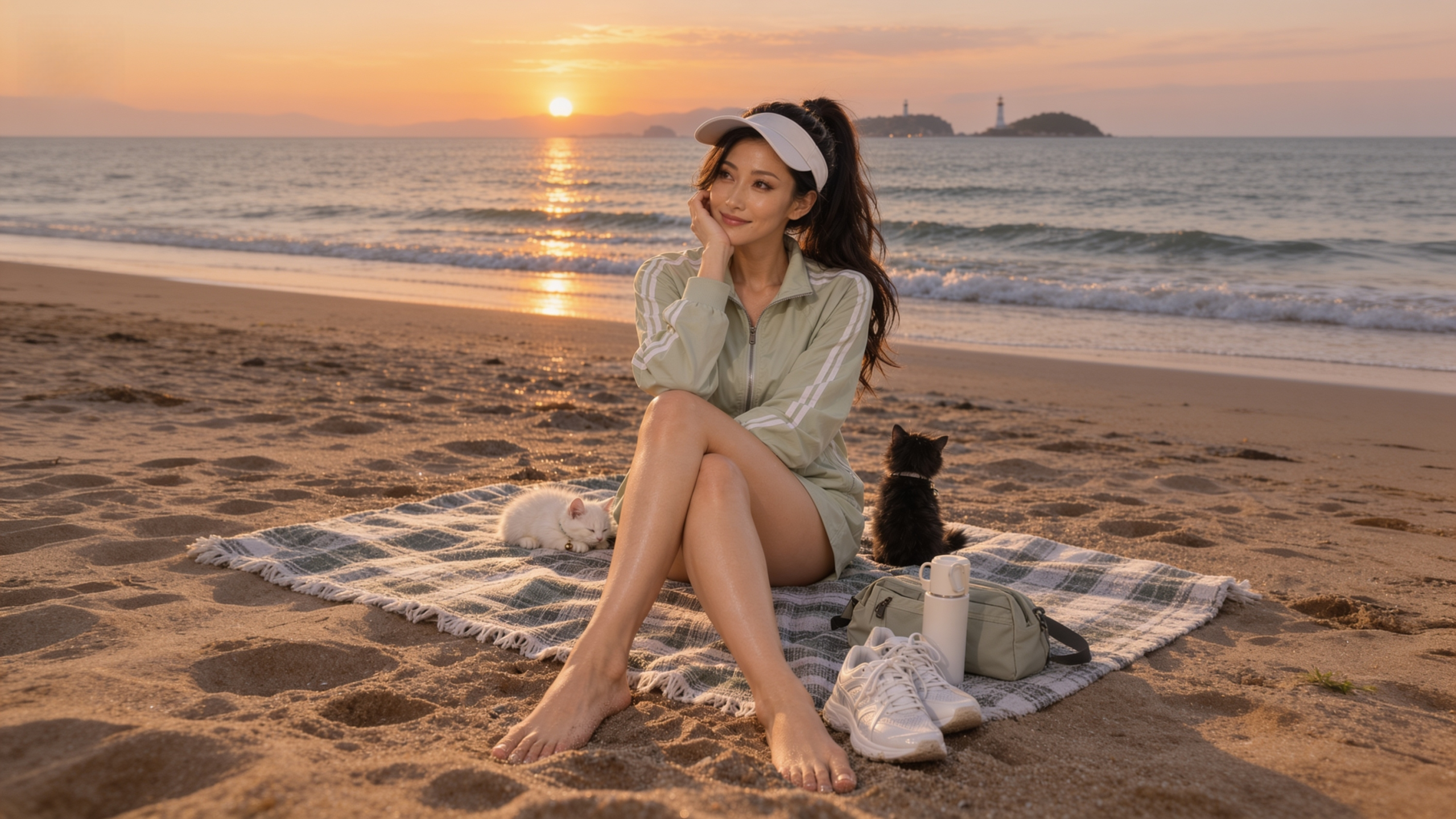 海边落日-美女和猫 4k