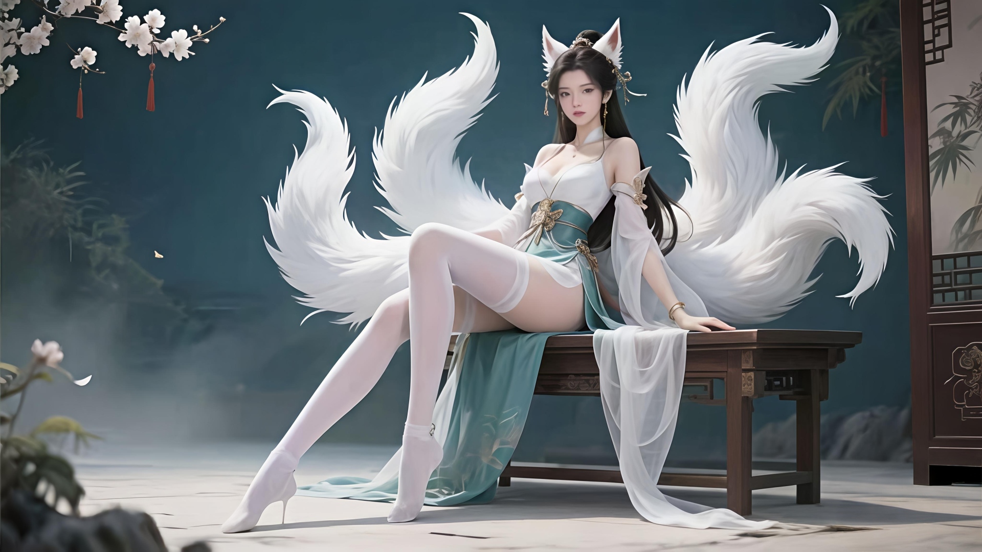 带狐耳白尾的古风女子穿白青纱衣坐于木桌，背景是朦胧水畔与花枝。
