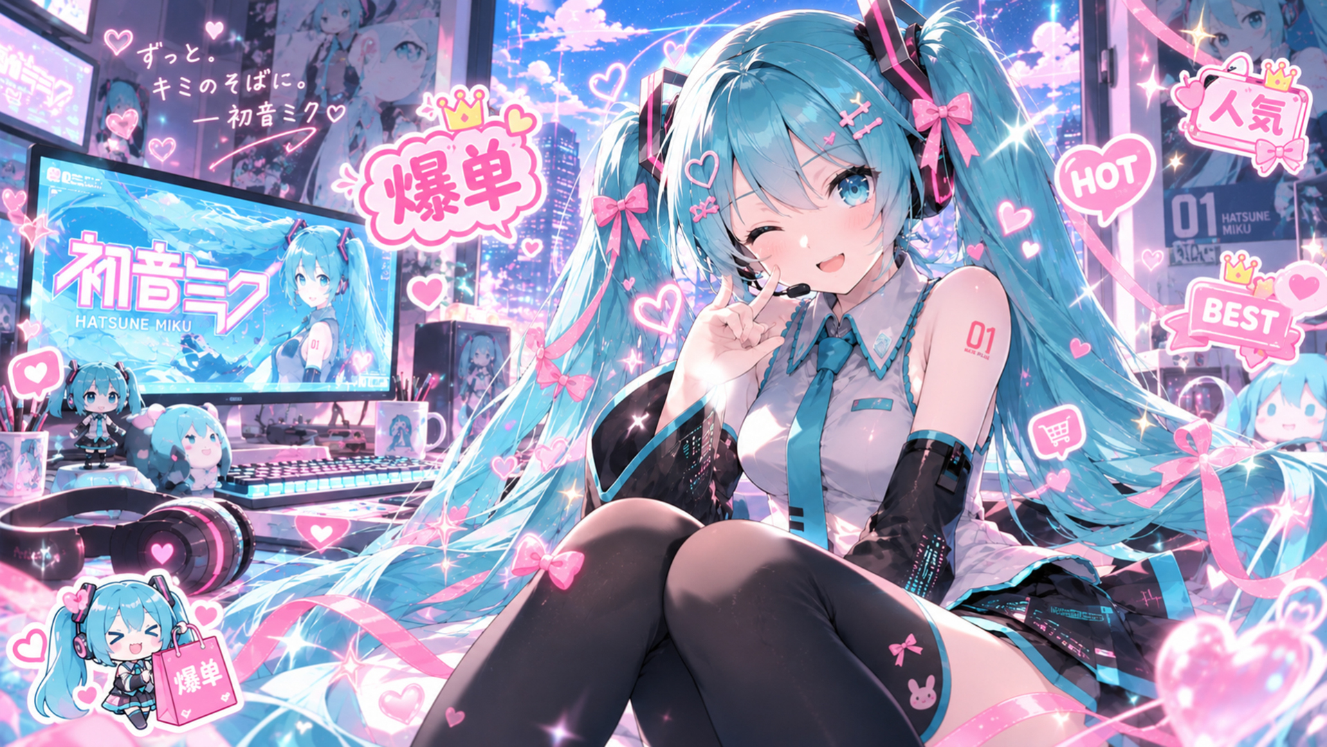 蓝青色双马尾动漫少女身处梦幻彩饰房间，周边摆放手办与桌面陈设，窗外是夜景城市，二次元梦幻风格