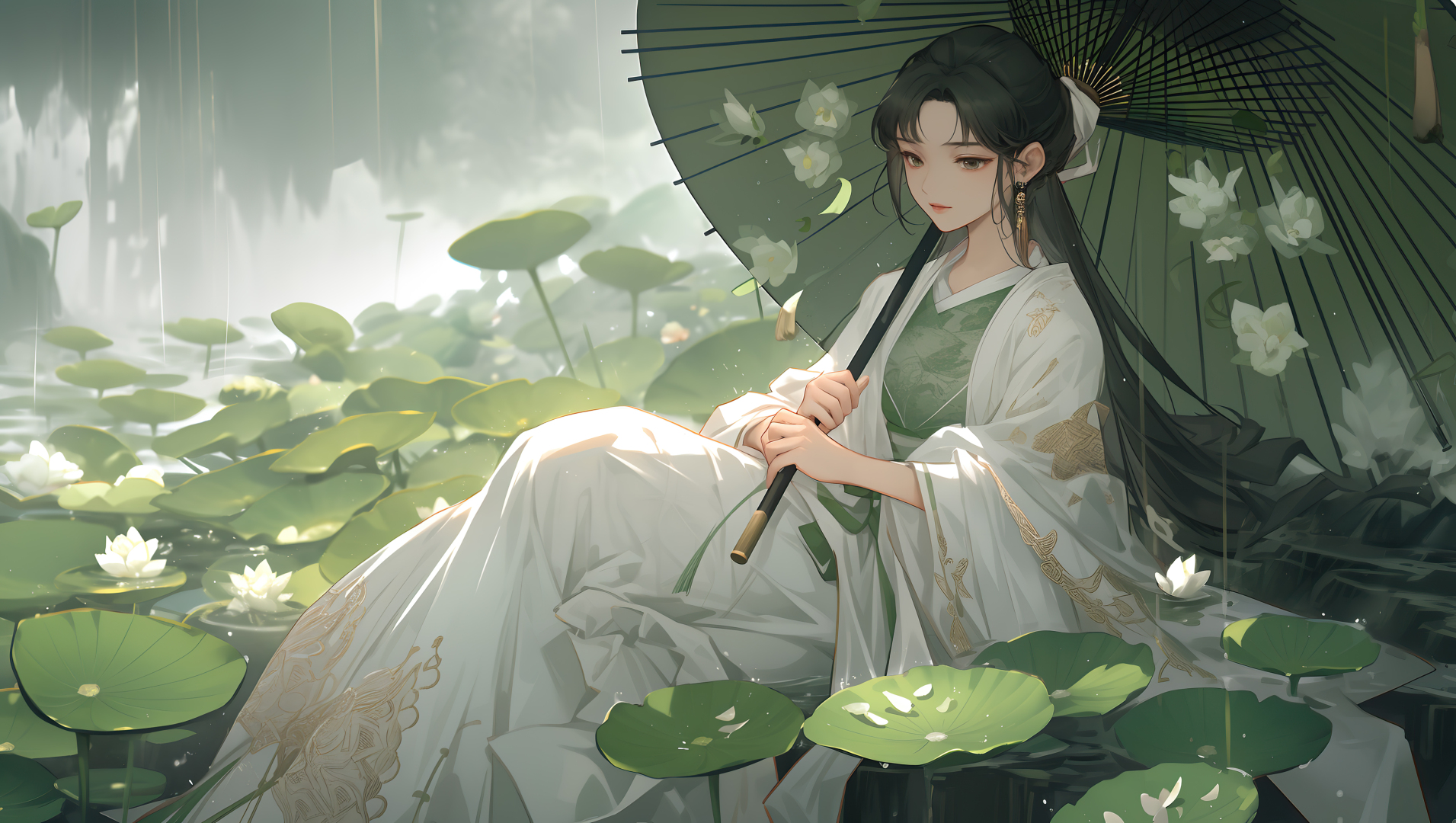 雨雾荷塘中身着白绿古风长袍的长发女子，手持绘白花青绿色油纸伞坐于水面，四周荷叶白莲散布，远景林木朦胧。