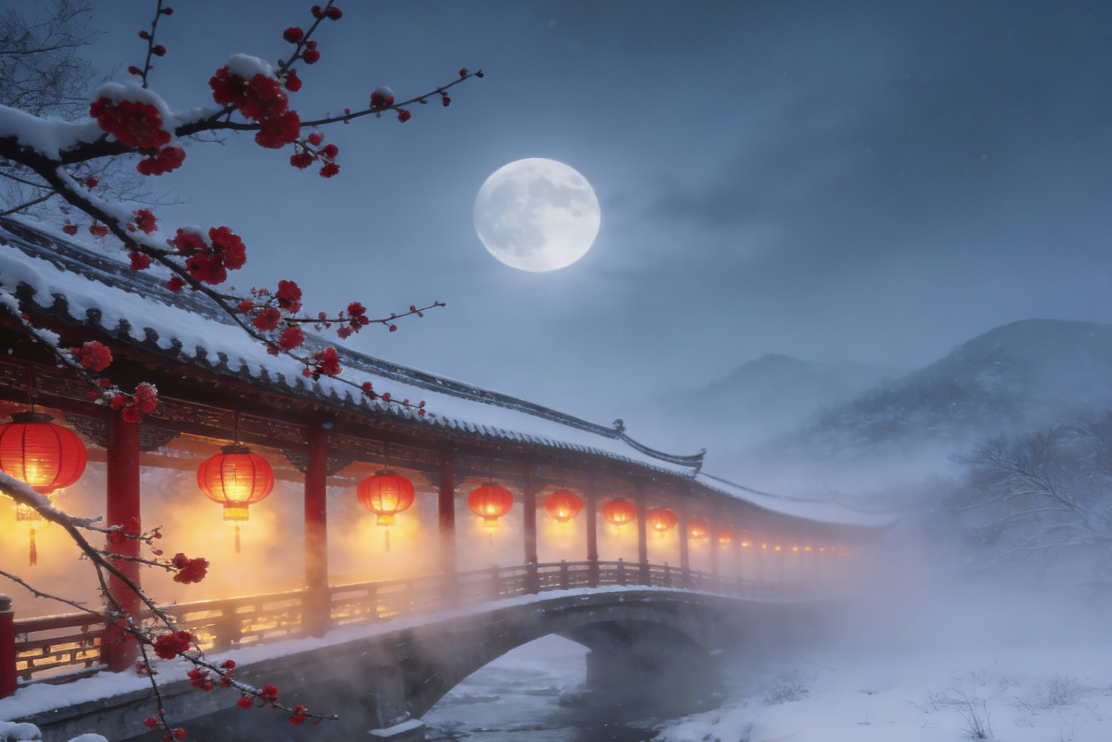 雪夜古建景致，前景斜伸覆雪红梅枝，中景是积雪覆盖的中式石拱桥长廊，廊下悬挂点亮的暖红灯笼，冷调夜空悬着一轮圆满明月。