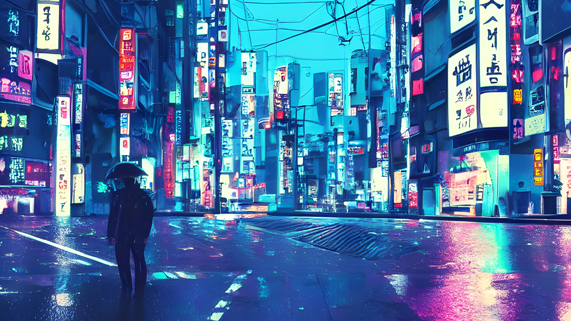 赛博朋克插画风格雨夜城市街景，路面湿滑倒映粉紫青蓝霓虹光斑，街道两侧排布密集发光招牌，一名撑黑伞的行人独立于前景街道上。