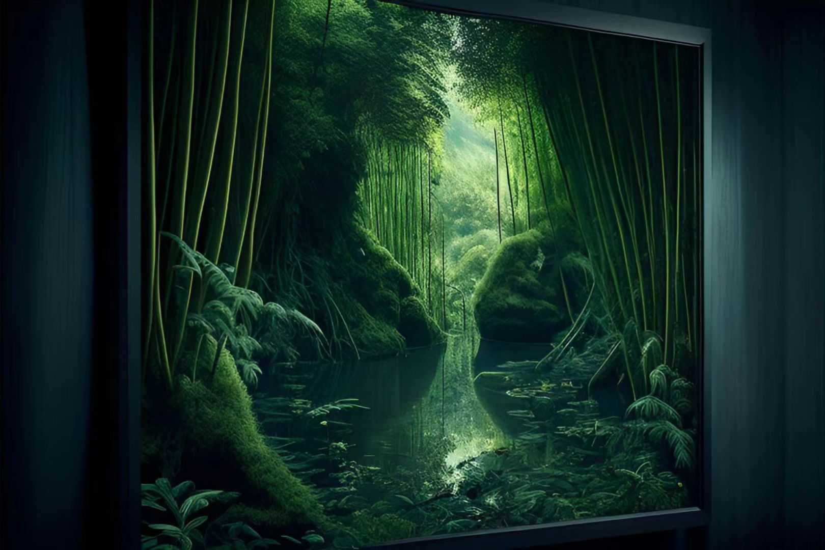 幽暗青绿水景中，竹丛夹着覆苔石岸，潭面反射林间漫射日光。